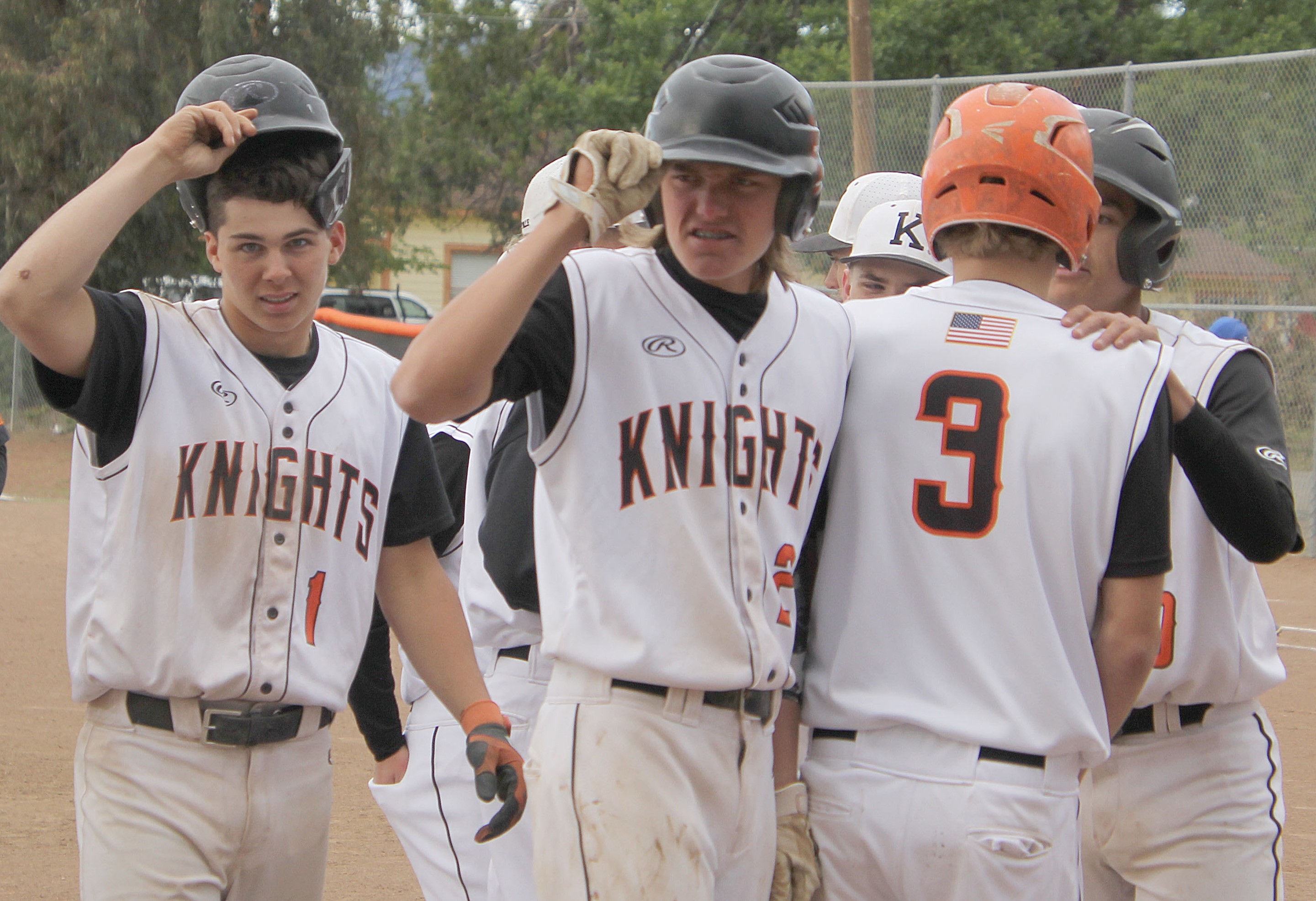 It was as easy as 1, 2, 3 for the Kelseyville Knights in a 12-2 league win over the Lower Lake Trojans on Tuesday afternoon at Lloyd Larson Field. From left are Max Hommer (1), Tyler Bryant (2) and Jake Keithly (3).