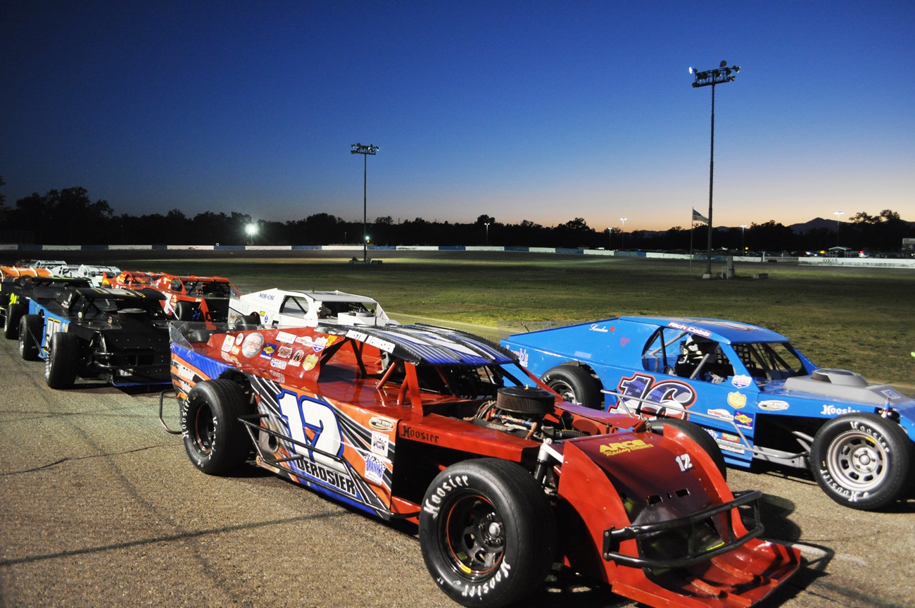 North State Modified Series cars line up for the start of the Anderson Logging 60 Saturday night at the Shasta Speedway in Anderson.