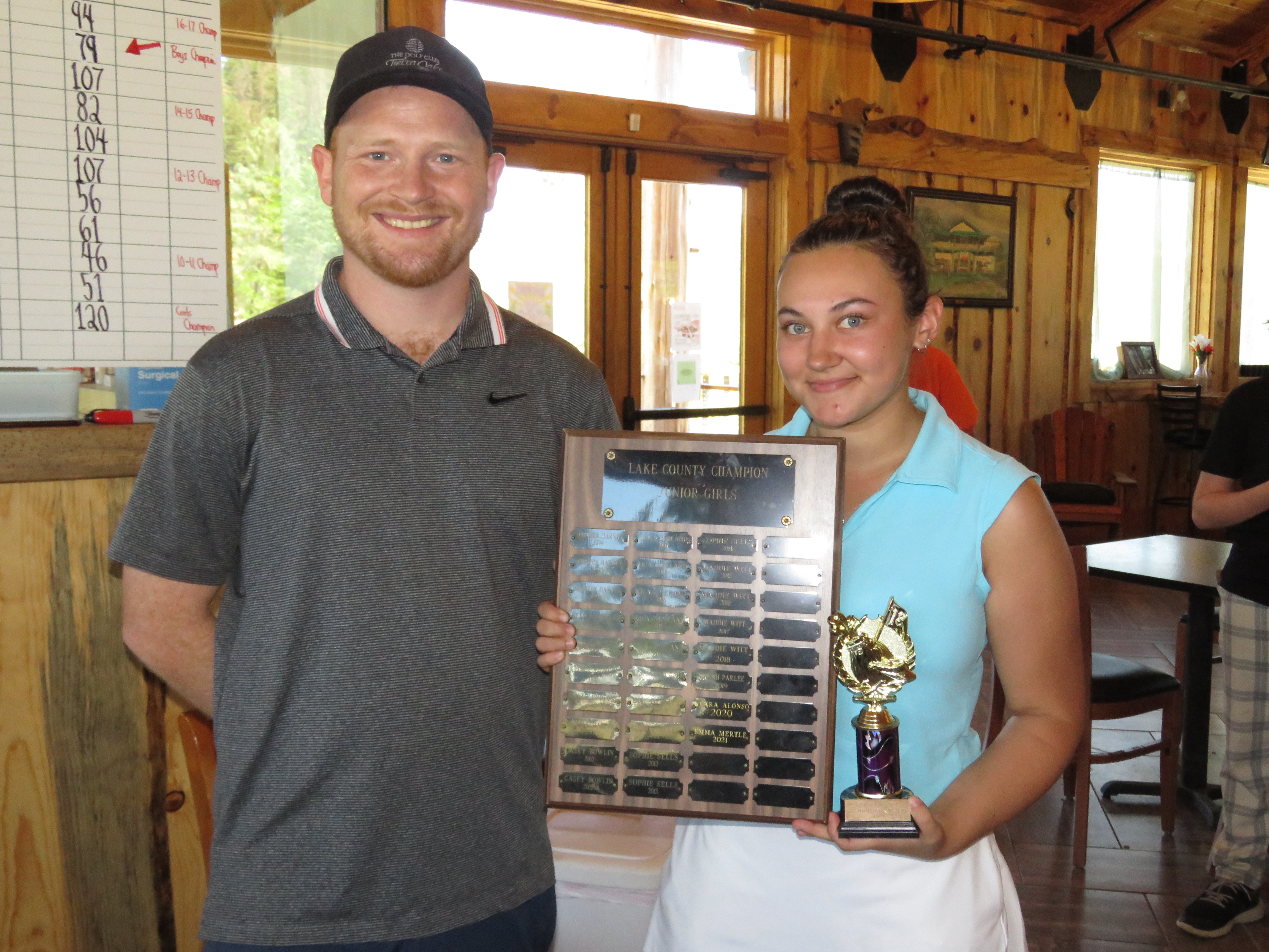 Brooke Hinchcliff of Clear Lake High School won the overall girls title in the 29th annual Lake County Junior Championship on Wednesday at Adams Springs Golf Course. Tournament official Shane Boehlert presented her with the championship trophy and perpetual plaque that lists all the tournament's winners.