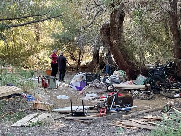 The City of Lakeport's Lakeport Police Department and Lakeport Public Works Department partner to clean up a significant homeless encampment from public property along the shoreline of Clear Lake in Lakeport this week. (courtesy photo)