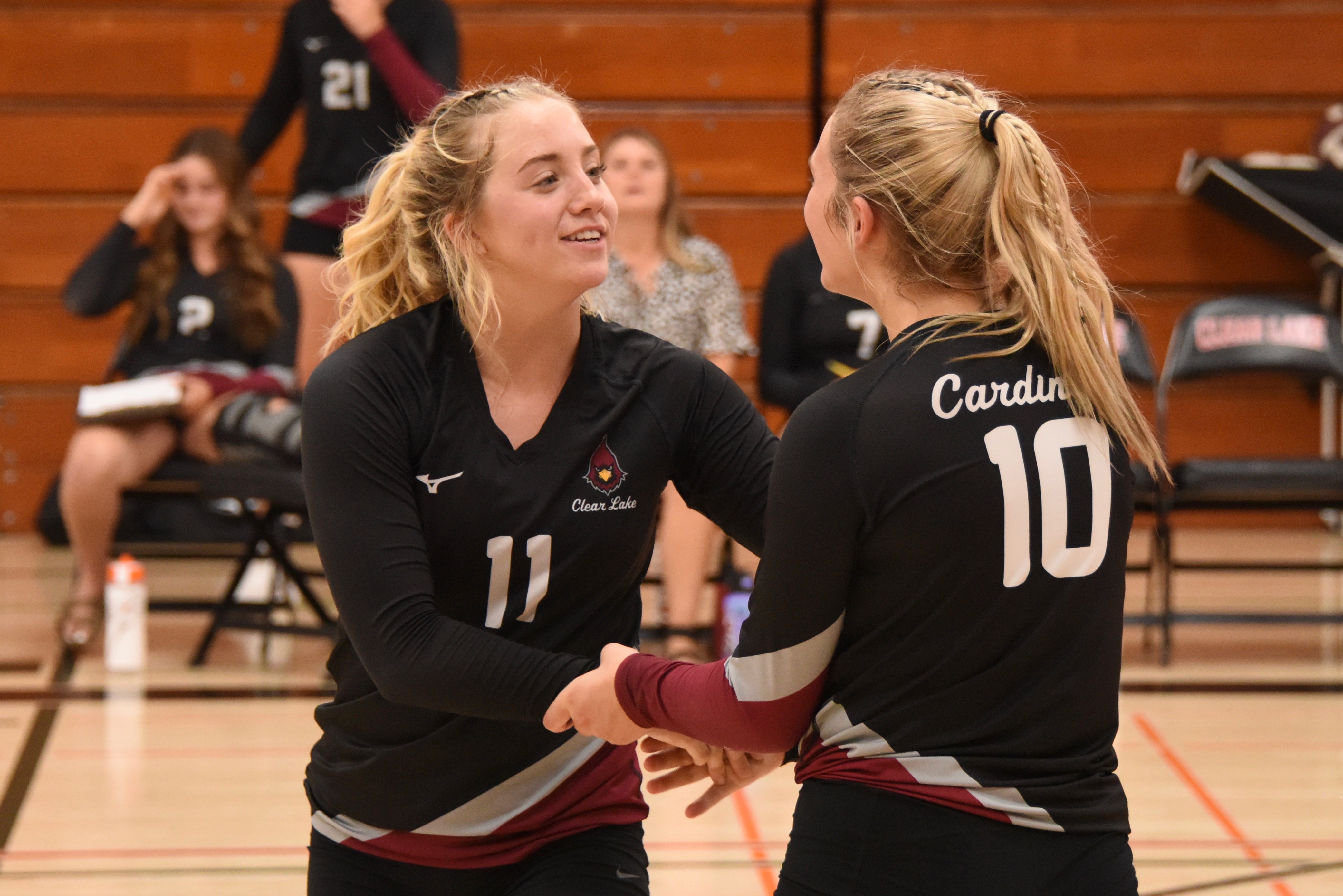 Sierra Bruch (11) and Quincy Paarsch both turned in solid performances Tuesday night in Clear Lake's 27-25, 25-23, 22-25, 25-21 loss to visiting Colusa in the season opener for both teams. (Photo courtesy of Trett Bishop)