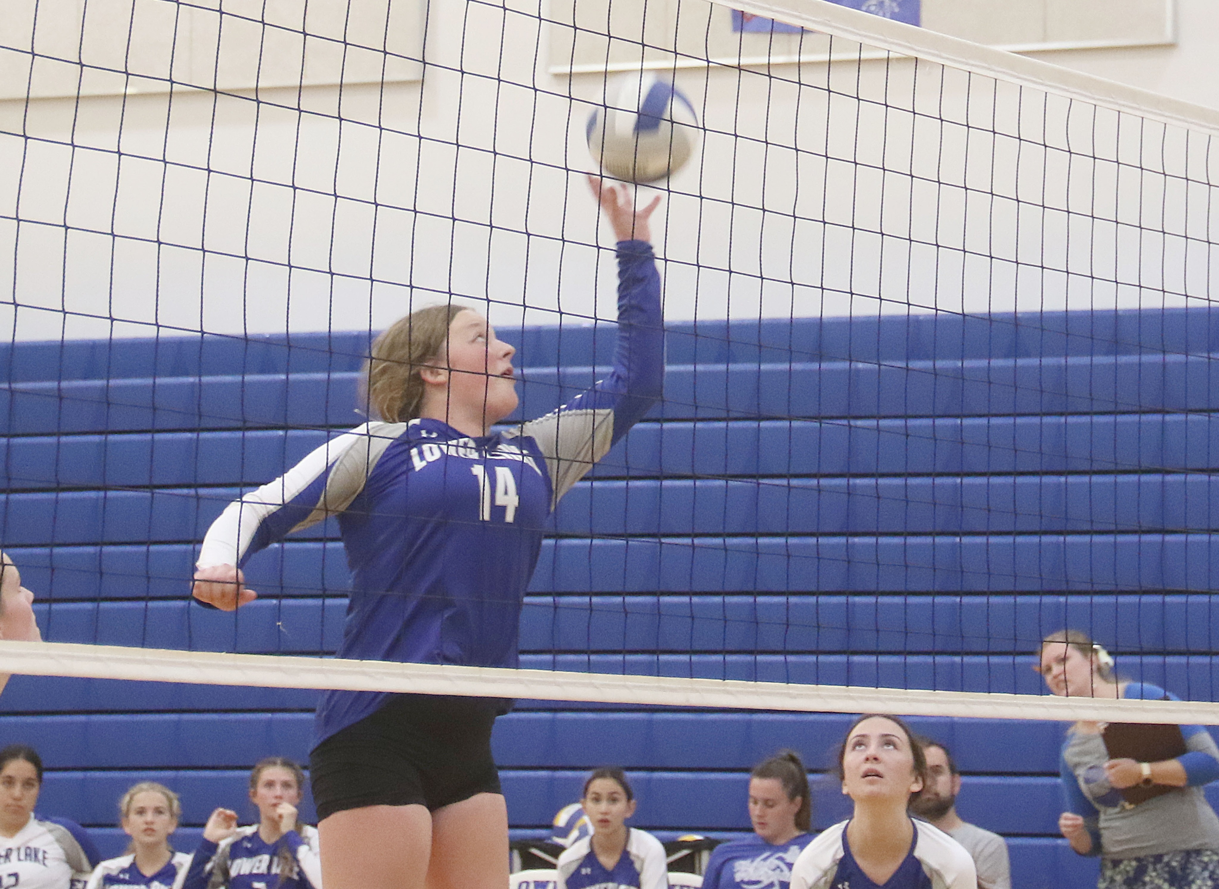 Lower Lake middle hitter Brooke Benson led the Trojans with five kills against Cloverdale. (Photo by Minenna Photography)