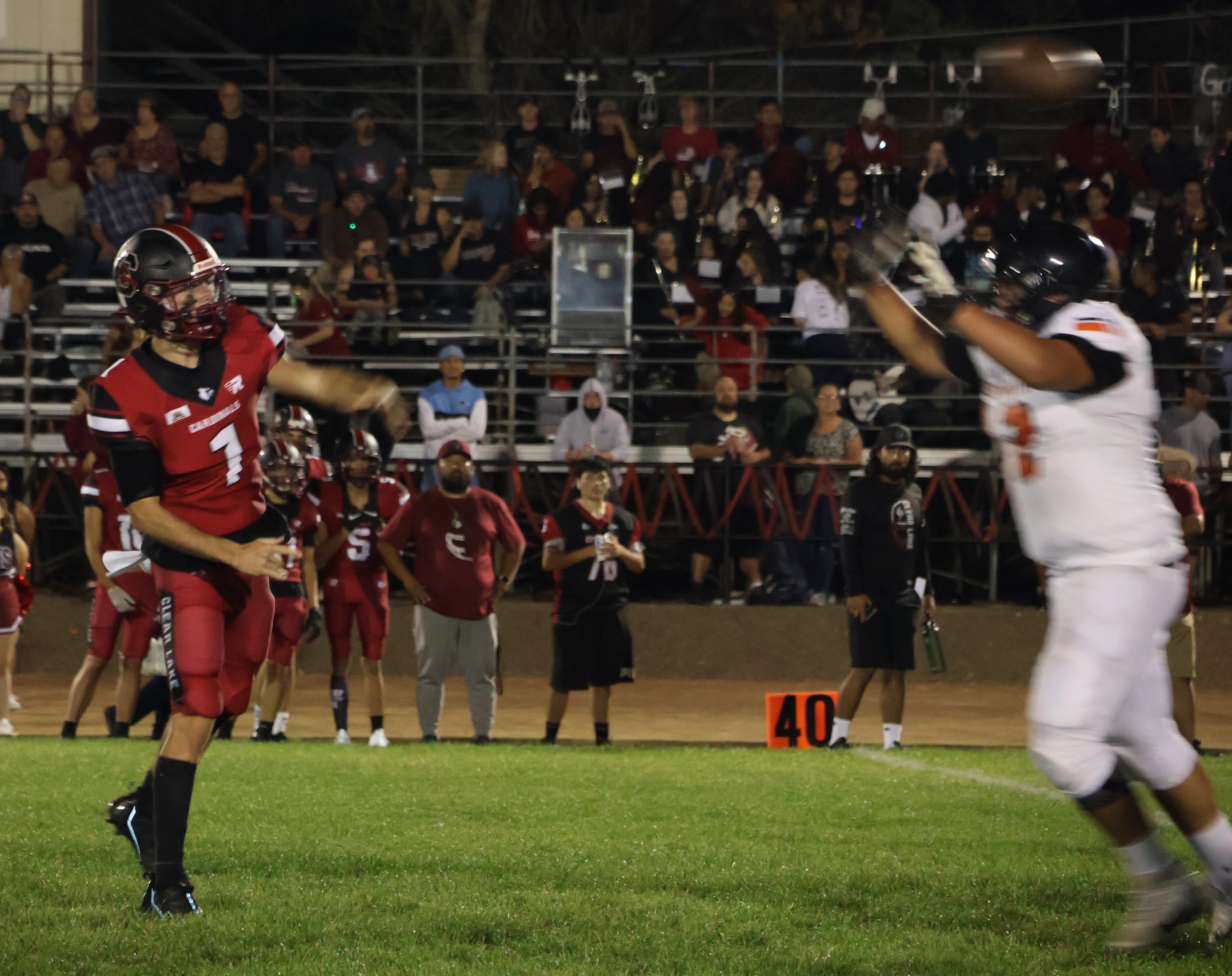 Clear Lake quarterback Jake Soderquist releases a pass down the field. Soderquist passed for three touchdowns and ran for another score in a 43-33 win over Kelseyville. (Photos by Brian Sumpter)