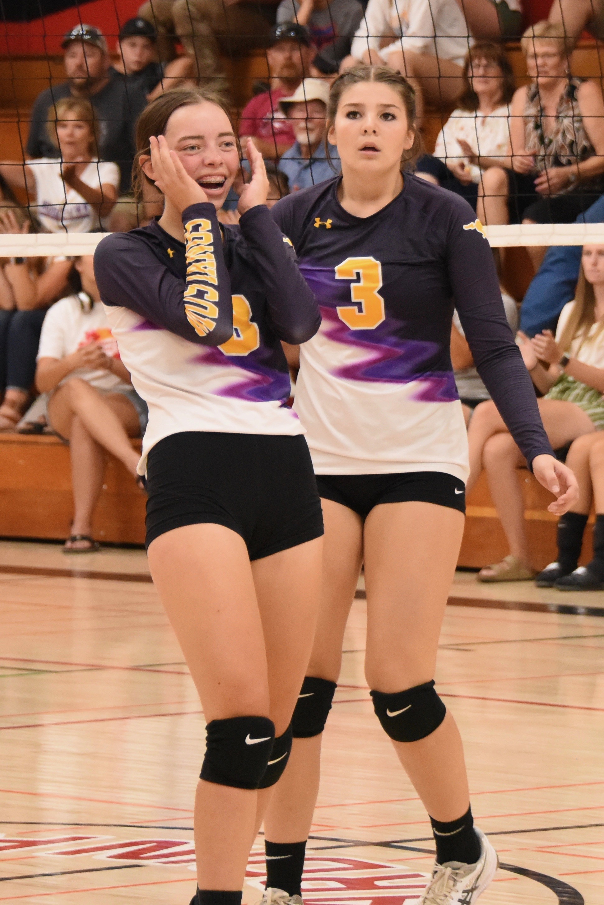 Middletown's Camille Schaffer (left) and Mia Hoogendoorn turned in solid performances during the Mustangs' three-set league loss to Clear Lake at Lakeport. (Photos courtesy of Trett Bishop)