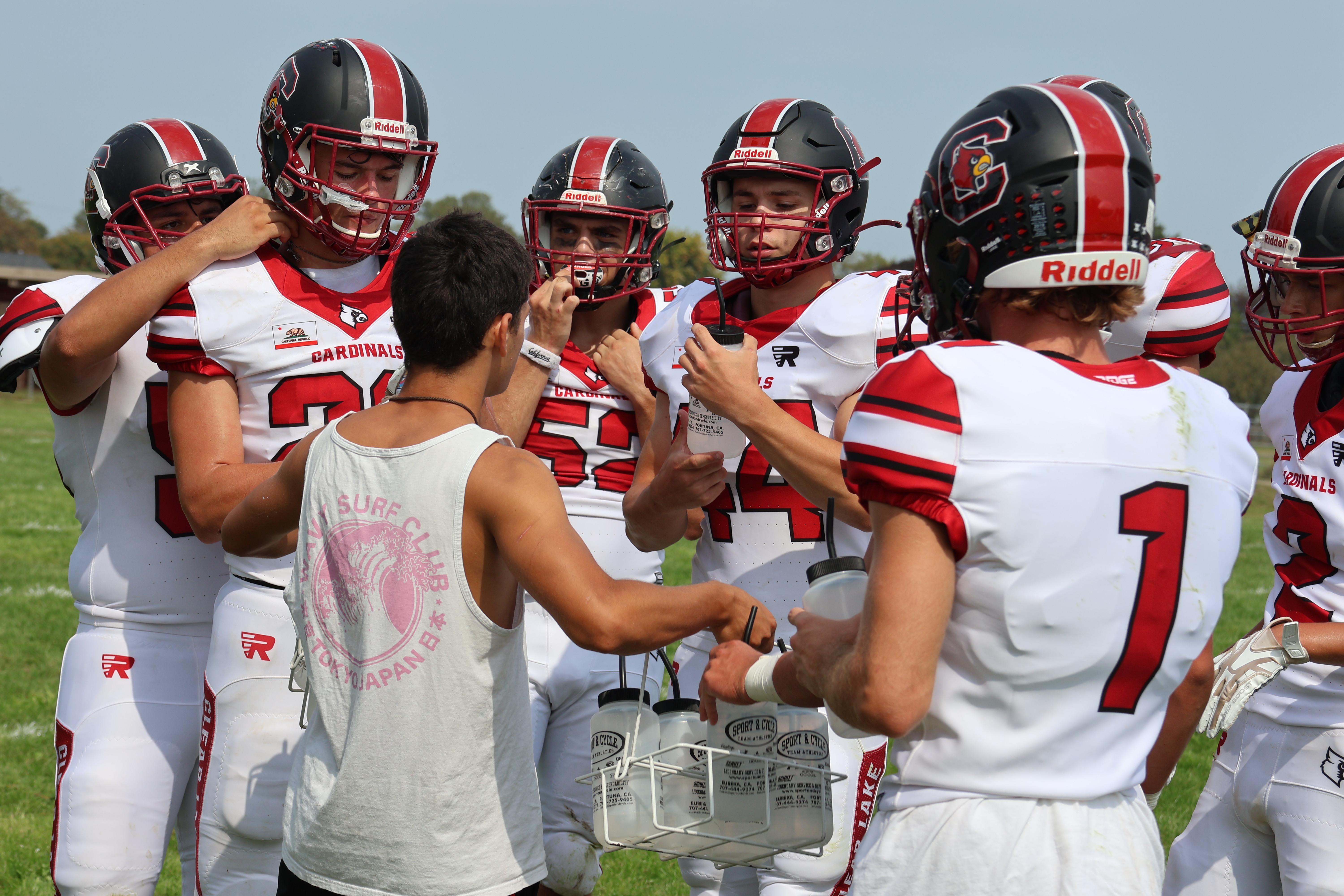Clear Lake's players hydrate during a timeout. The high temperature Saturday in Ferndale was only 75 degrees, a welcome relief from the triple-digit heat this past week in Lake County. (Photos by Brian Sumpter)