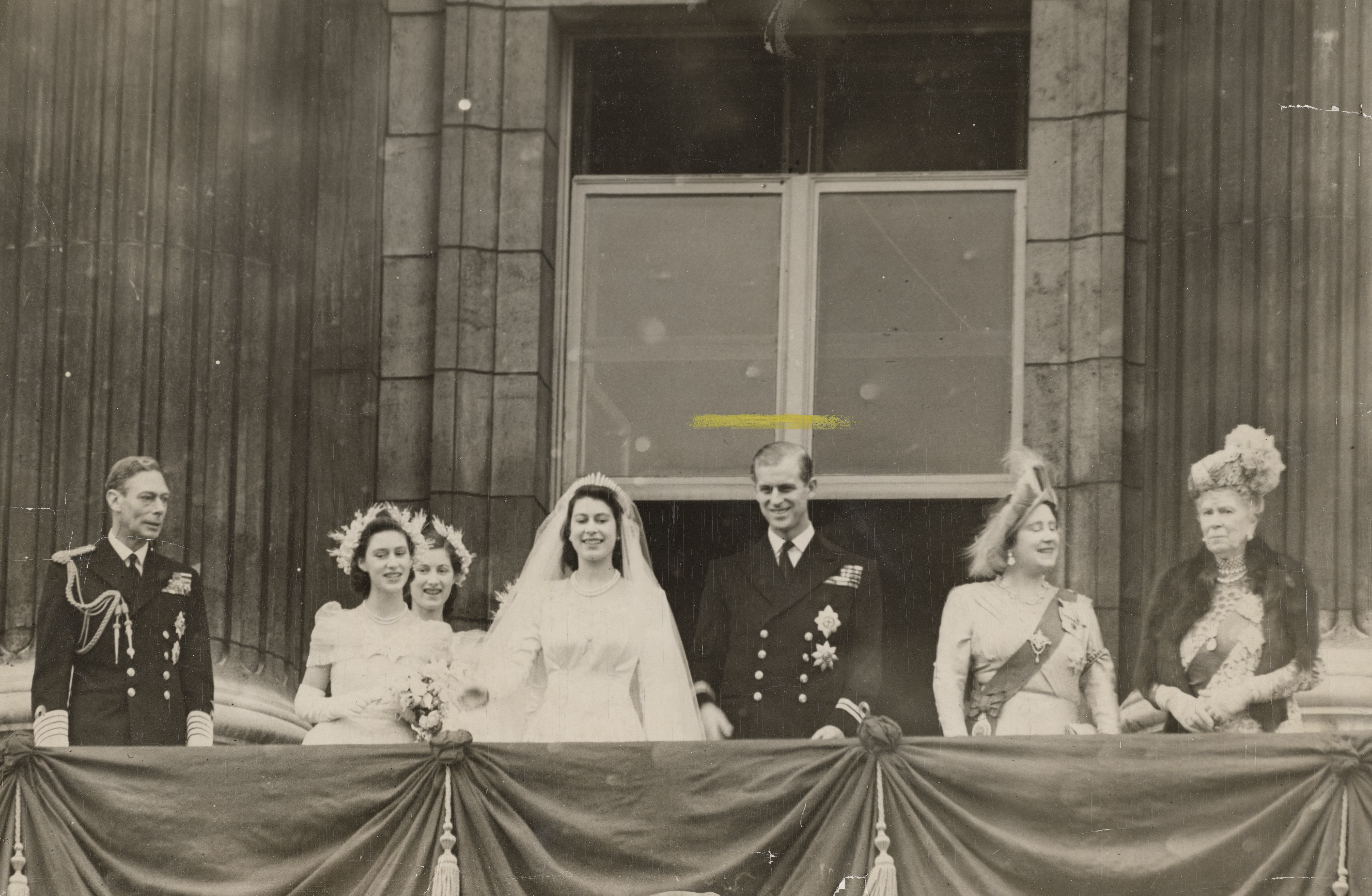Members of the British royal family on the balcony at Buckingham Palace after the wedding of Princess Elizabeth and Philip Mountbatten