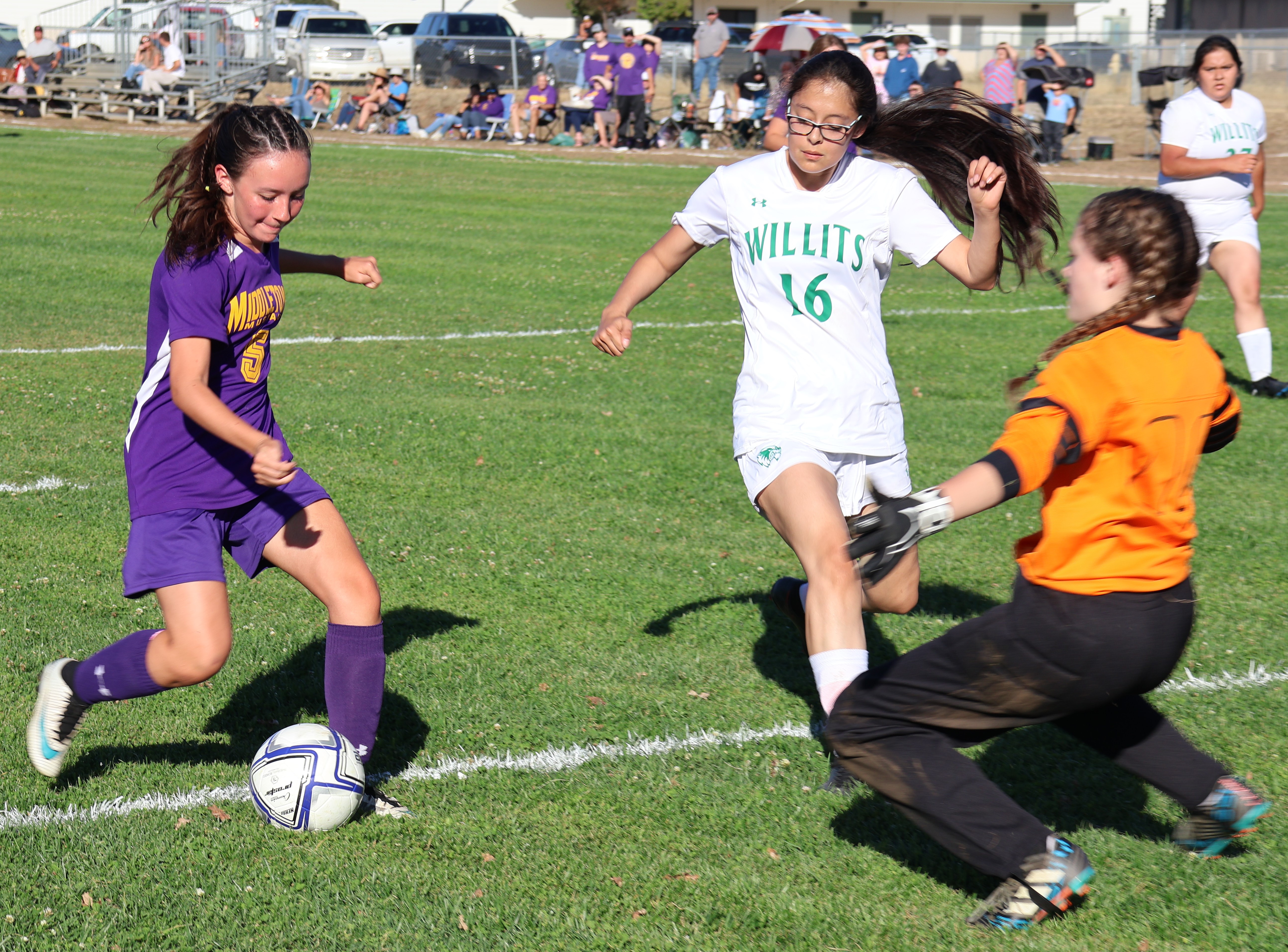 Middletown's Sophie Yerba prepares to shoot the ball as Willits keeper Gracie Bouthillier challenges her in front of the net. Yerba had two assists on the day. (Photos by Brian Sumpter)