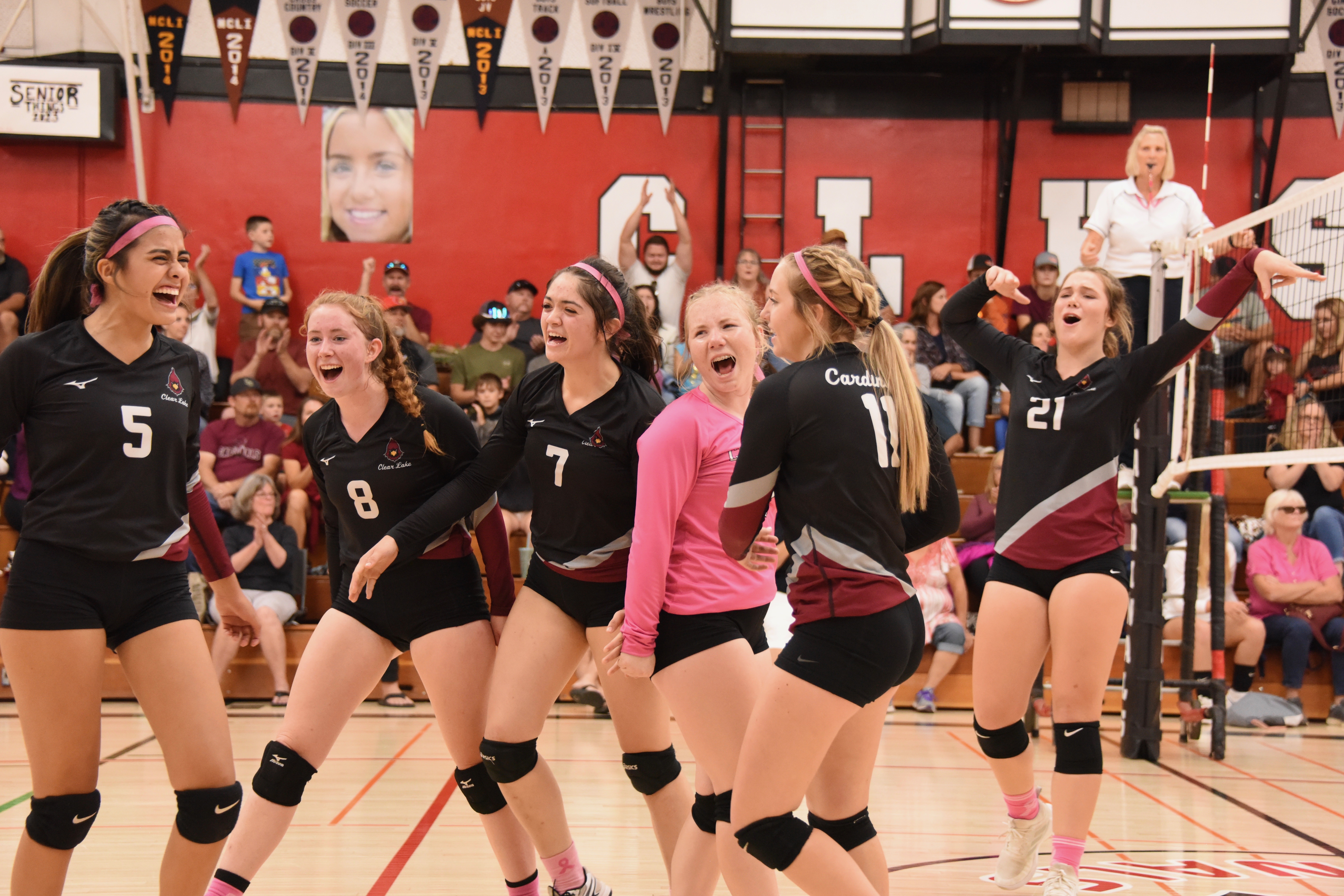From left, Clear Lake's Rubi Ford, Stella Hill, Madison Brewster, Amber Smart, Sierra Bruch and Abby Mertle were definitely feeling it Thursday night in a four-set league win over the Cloverdale Eagles. All are seniors except the sophomore Smart. (Photos courtesy of Trett Bishop)
