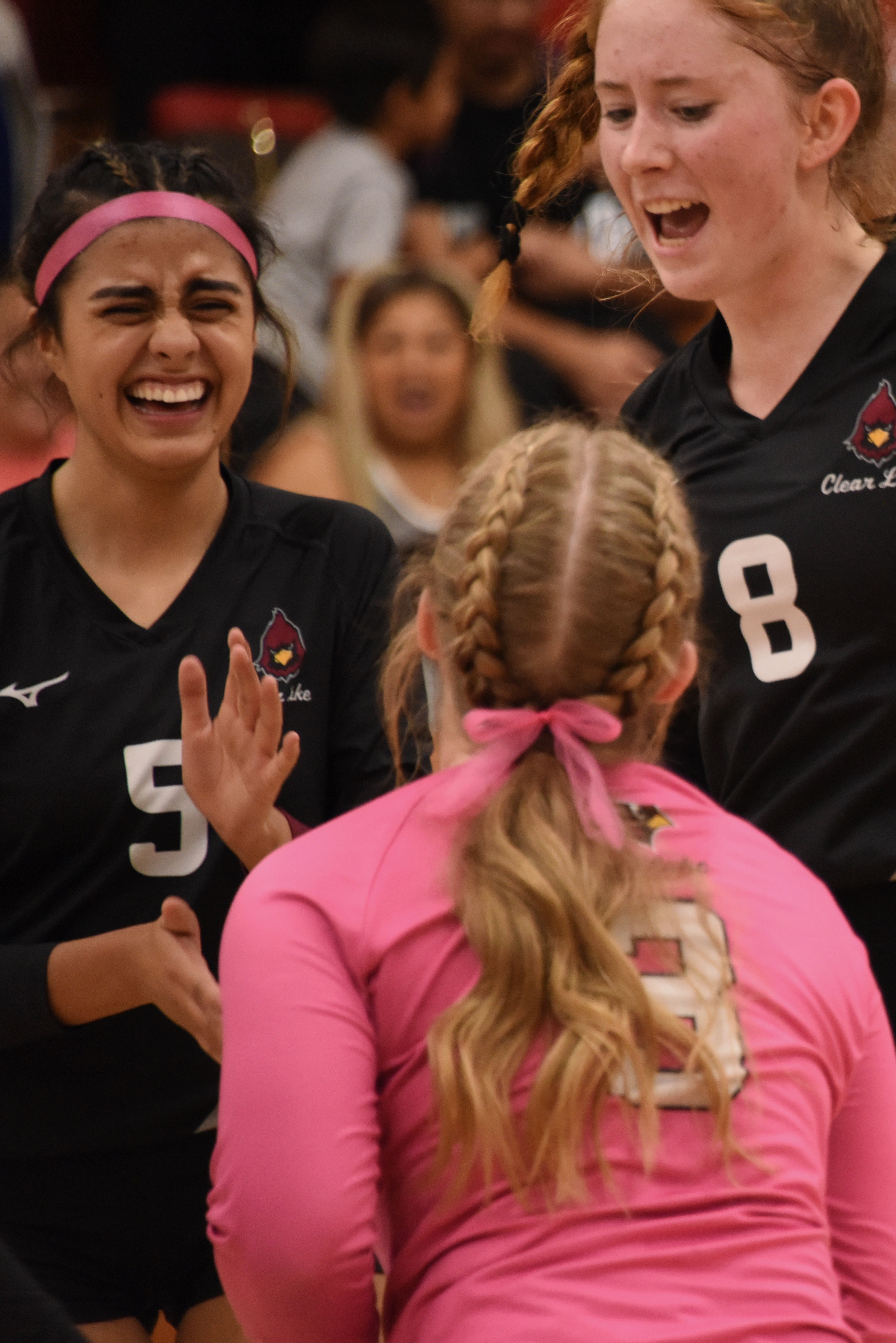 Rubi Ford (5), Stella Hill (8) and Amber Smart celebrate after winning a point. Hill had a season-best 17 kills against Cloverdale. (Photos courtesy of Trett Bishop)