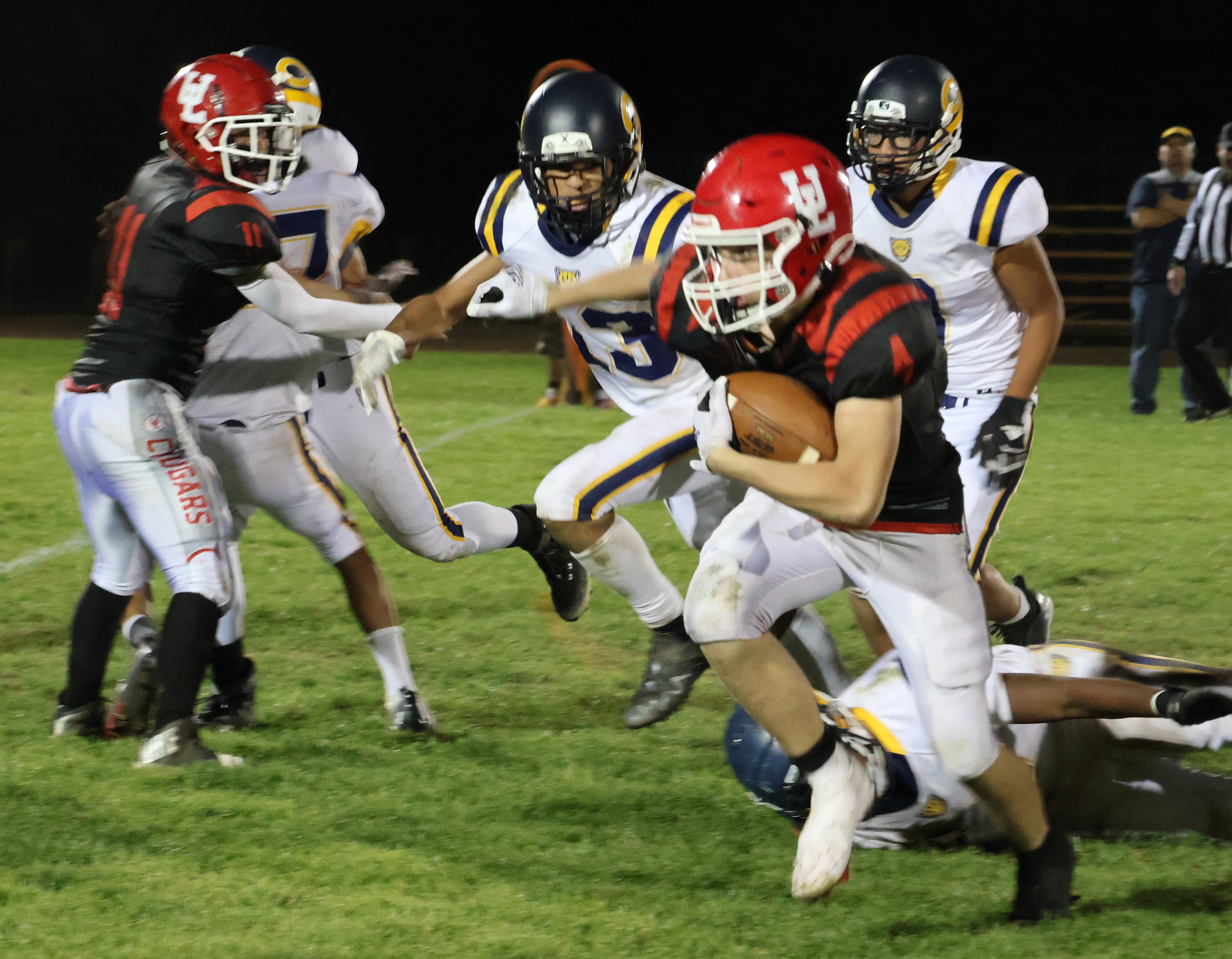 Upper Lake's Nick Foster breaks loose on a 24-yard to the Cornerstone Christian 4-yard line late in the second quarter. He scored two plays later on a 1-yard run to give Upper Lake a 30-0 lead, one of his two touchdown runs on the night. (Photos by Brian Sumpter)