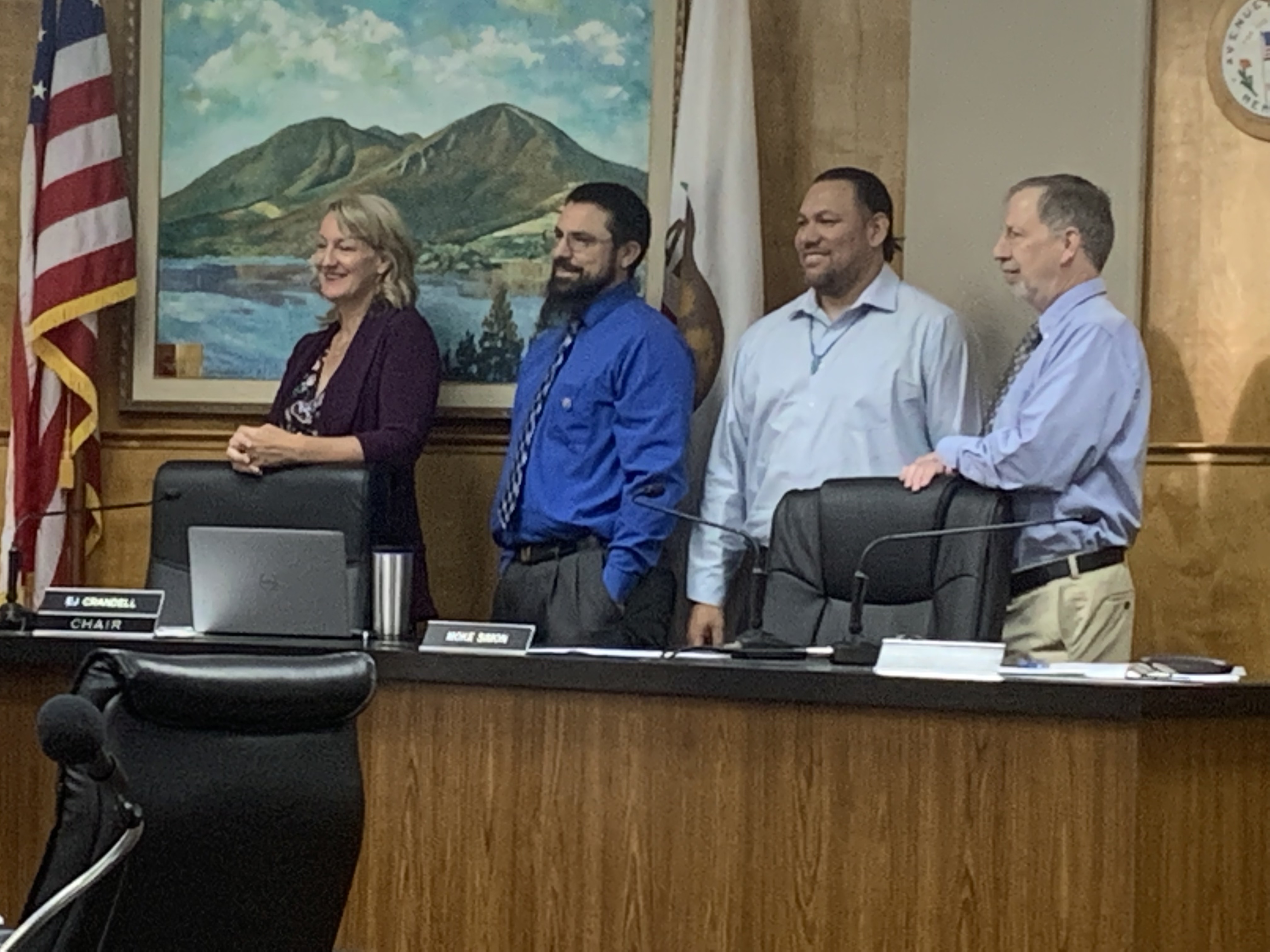 Lake County Supervisors (from left) Jessica Pyska, Bruno Sabatier and Eddie Crandell welcomed newly appointed District 4 Supervisors Michael Green (far right) to the board during Tuesday's meeting. (Nikki Carboni for the Record-Bee)