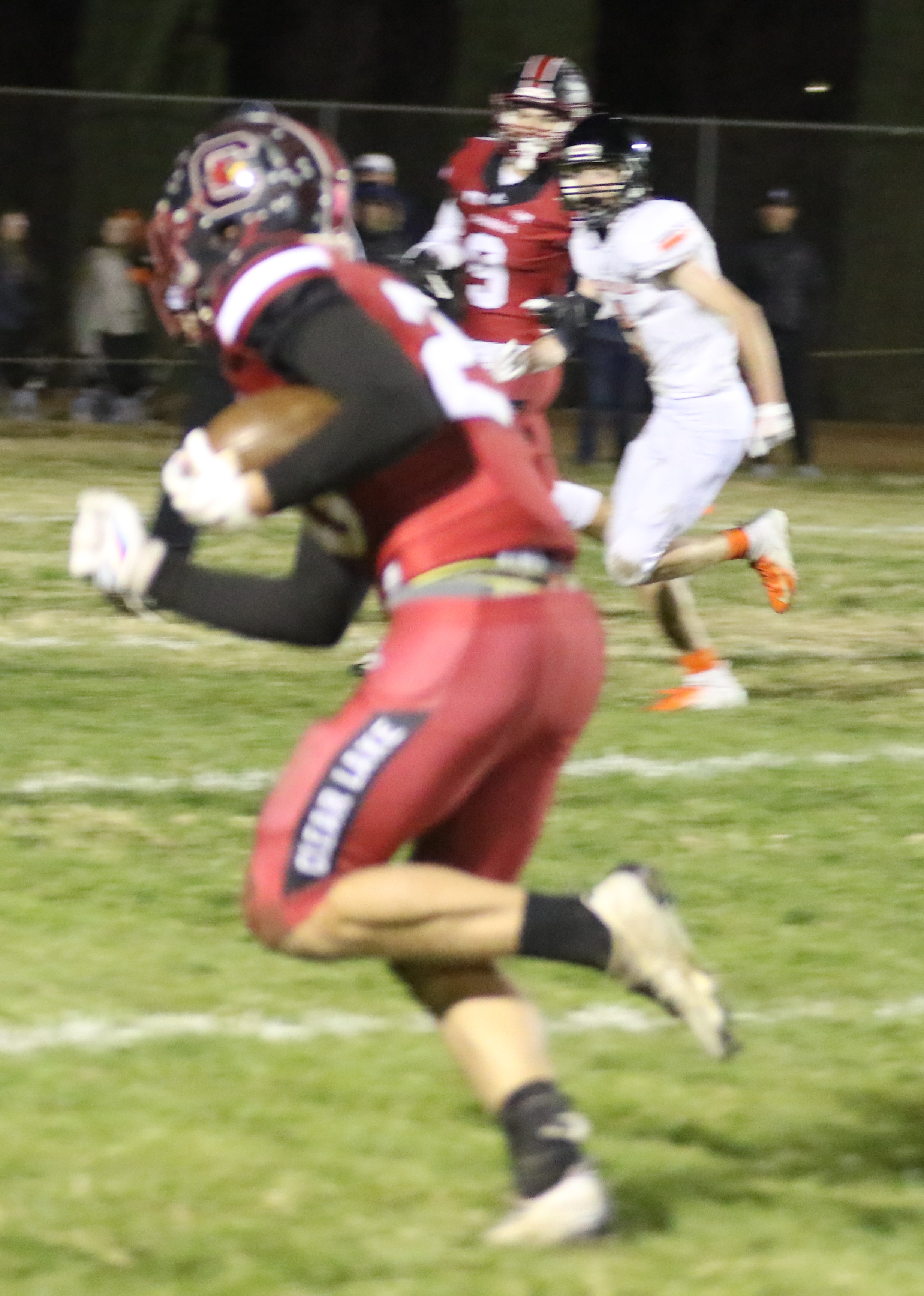 Cody Hayes scores on a 20-yard reception for Clear Lake's first points of the game midway through the second quarter. Hayes' tackle of Samuel Vanoven on a fourth-and-one play in the game's final seconds sealed Clear Lake's 28-22 playoff win over the Knights. (Photos by Minenna Photography)