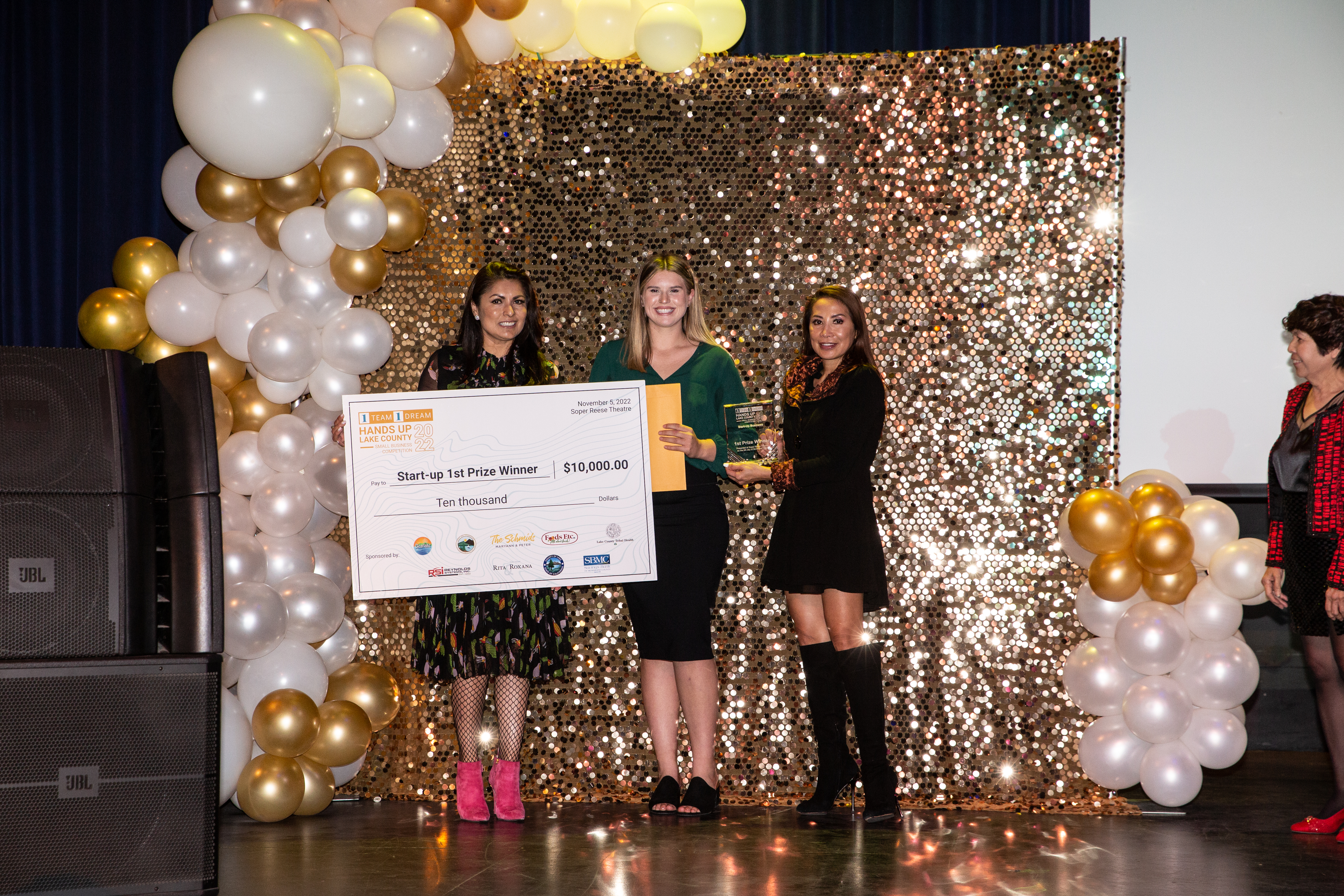$10,000 1st Place Winner in the Startup Business Category, Baylee Grove and her sponsors on state at the Soper Reese Theater during Saturday's competition. (courtesy photo)