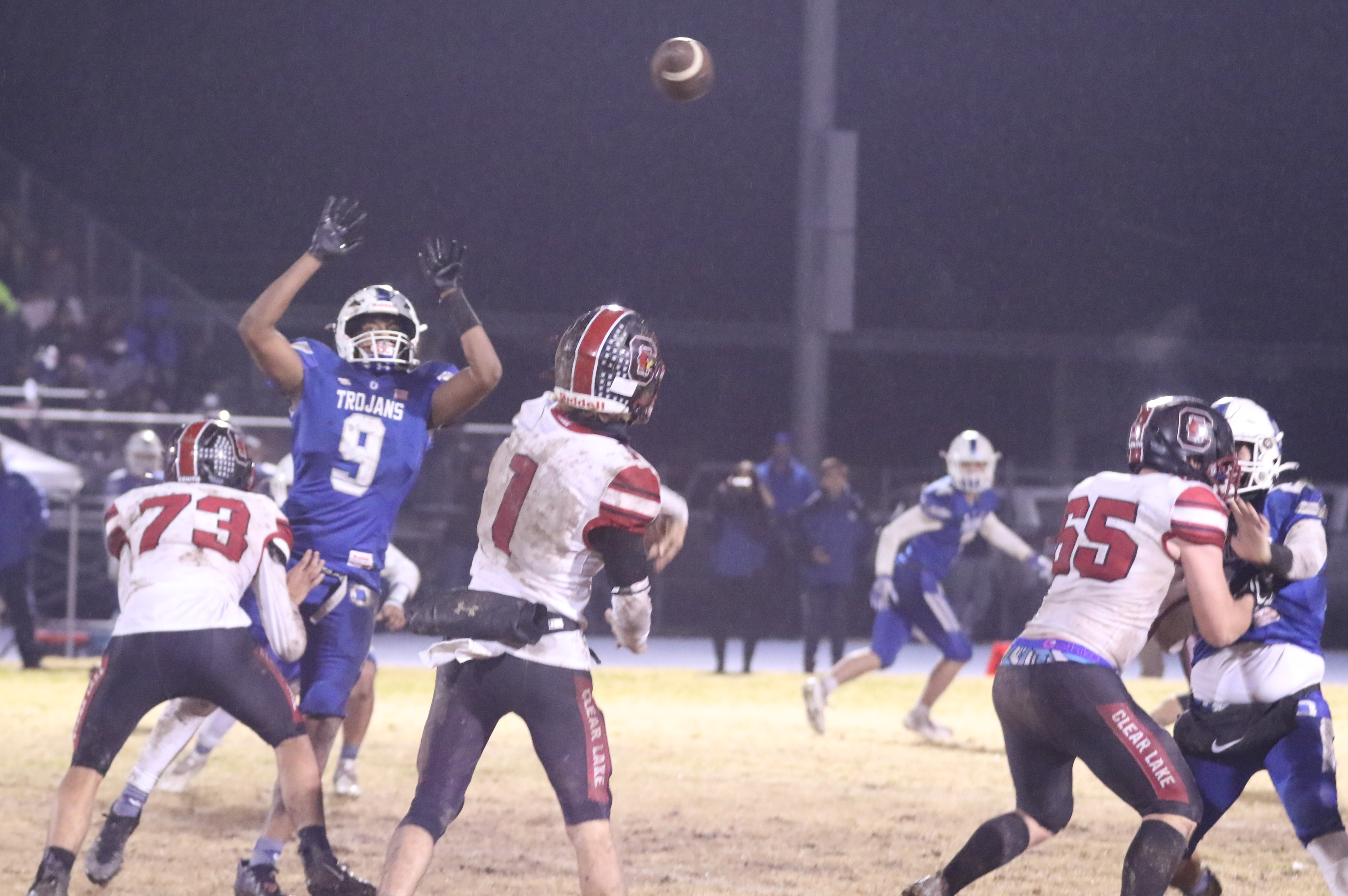 Clear Lake quarterback Jake Soderquist (1) launches a pass down the field. Soderquist went 19-for-34 for 229 yards with a touchdown but was also intercepted three times in a 42-21 loss to Orland. (Photos by Minenna Photography)