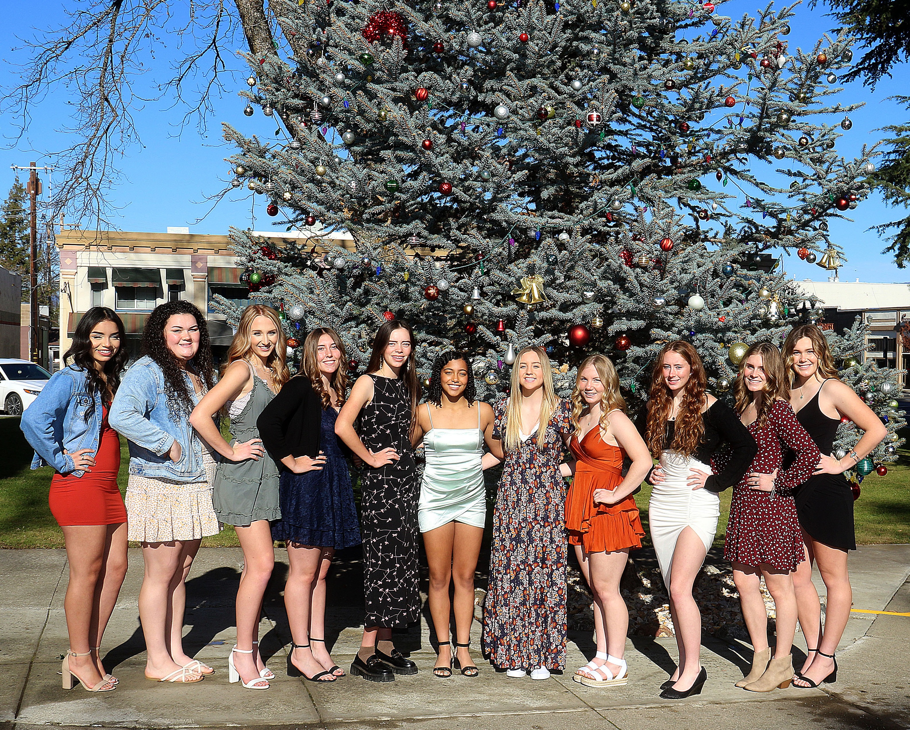 Posing outdoors in front of the decorated Christmas tree at Museum Park in downtown Lakeport are All-County volleyball team members (from left), Nathaly Velasco, Taylar Minnis and Madison Noble of Upper Lake, Jayden Paulich of Kelseyville, Camille Schaffer and Jaidyn Brown of Middletown, Sierra Bruch, Amber Smart and Stella Hill of Clear Lake, Avery Adamcyk of Lower Lake, and Abby Mertle of Clear Lake. Not pictured is Middletown's Skylar Williams. (Photo by Minenna Photography)