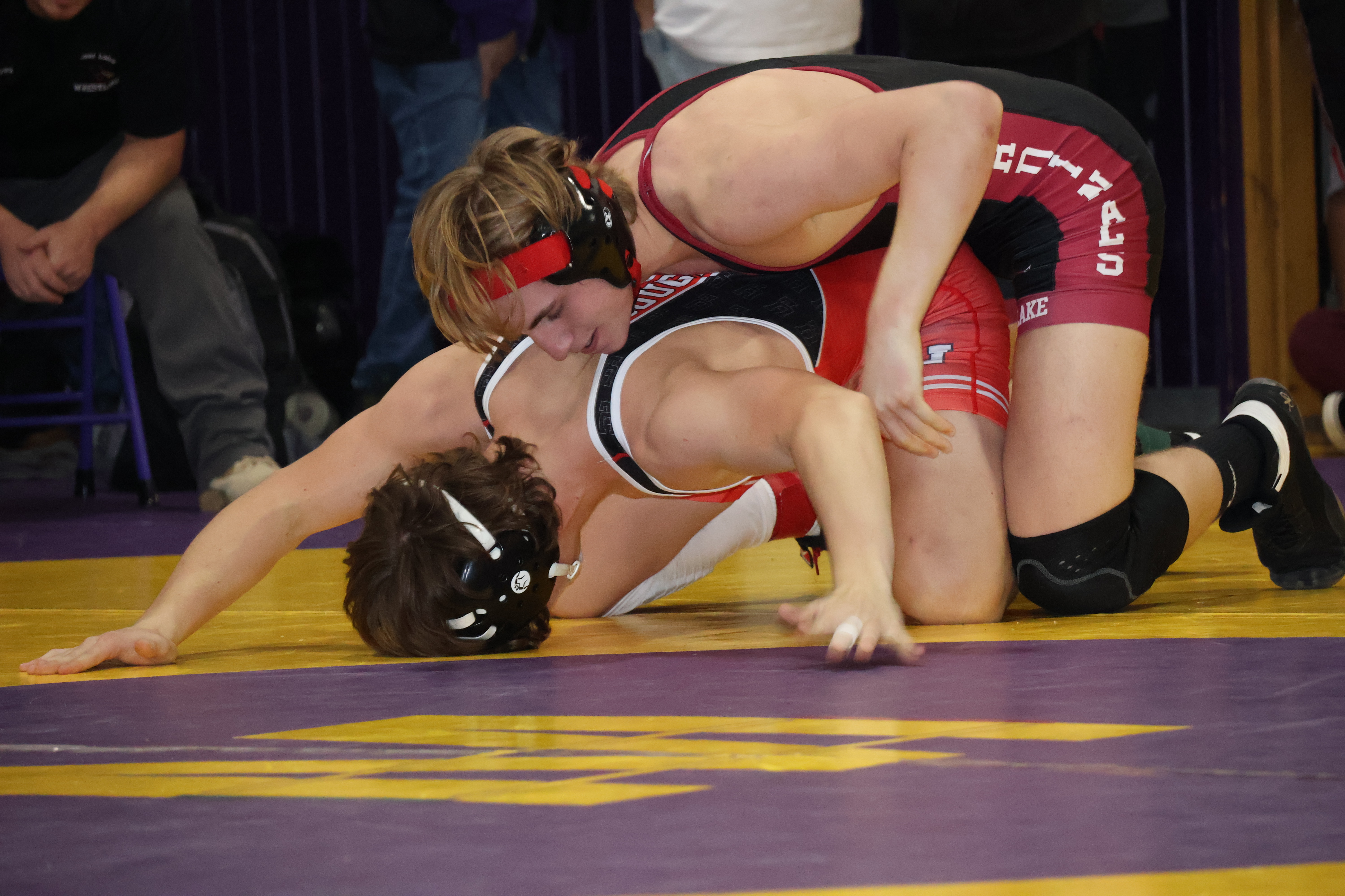 Clear Lake's Asher Reese (top) and Upper Lake's Dylan Slater squared off in the 160-pound championship match Saturday at the Dennis Jensen Invitational in Middletown. Reese went on to win by second-round pin. (Photos by Brian Sumpter)