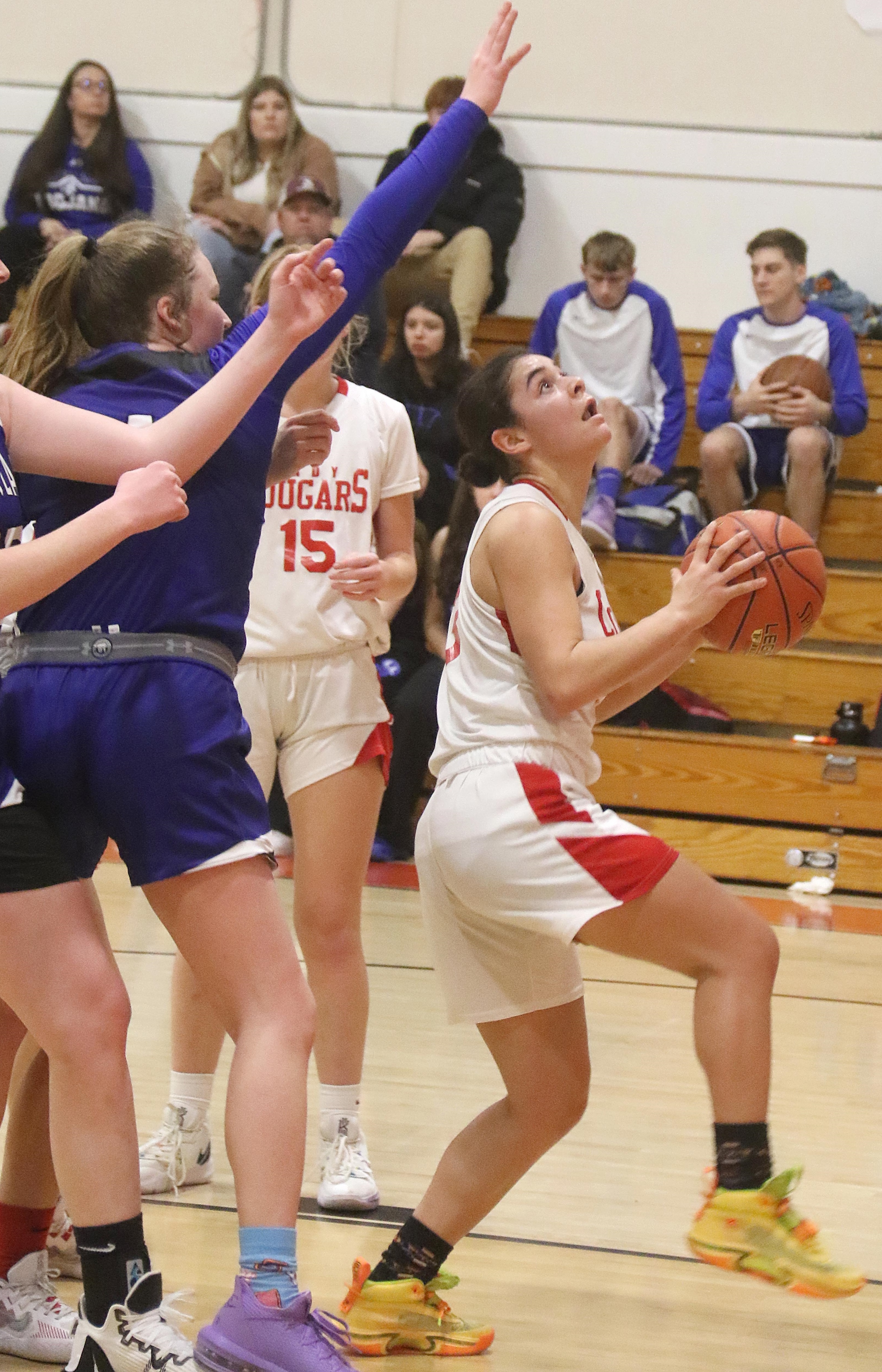 Upper Lake's Maddy Young prepares to put up a shot from beneath the basket. The Cougars put their 25-1 record on the line Tuesday night when they host The Bay School at 7 p.m. in the opening round of the North Coast Section Division 5 playoffs. The Cougars are the county's highest-seeded team at No. 4. (Photo by Minenna Photography)