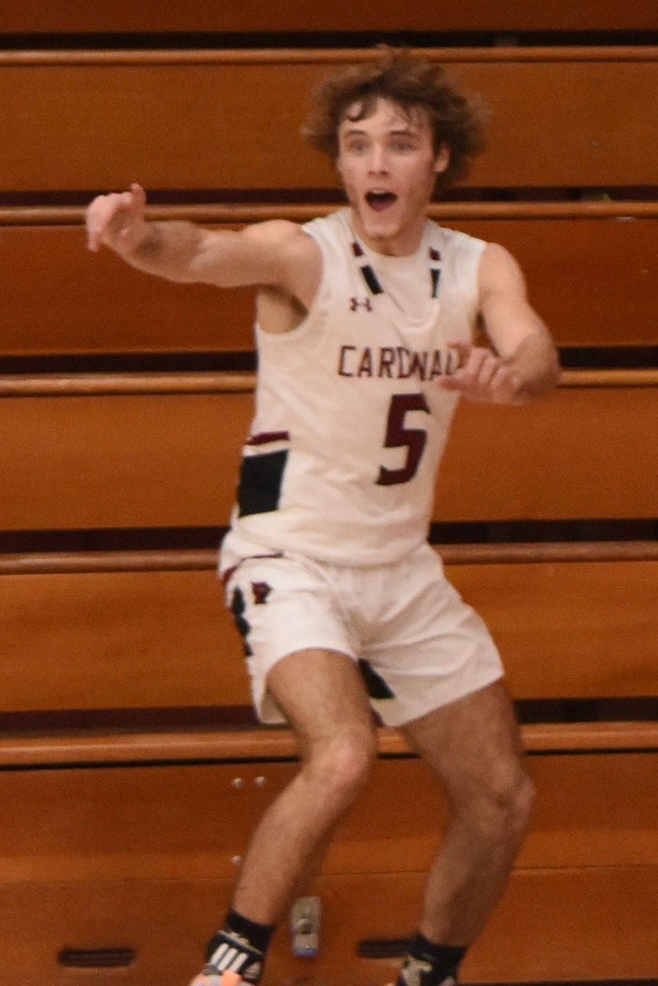 Jake Soderquist reacts to teammate Cody Hayes' game-winning shot Wednesday night against Lower Lake. (Photos courtesy of Trett Bishop)