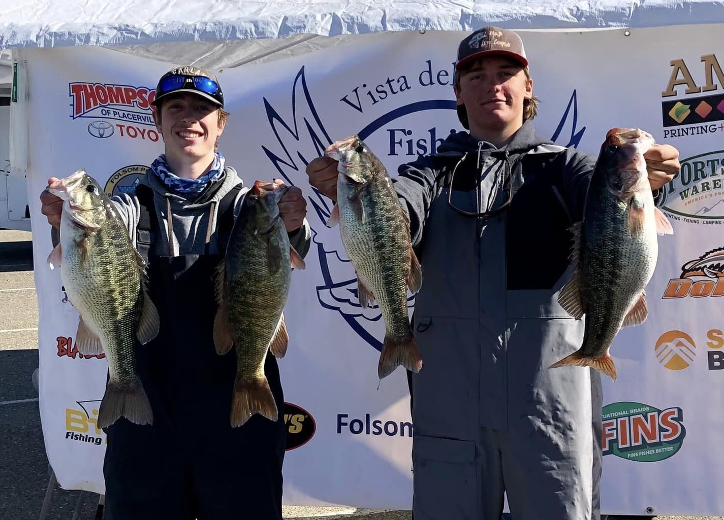 Joey Gentle (left) and Tyler Bryant hold up part of their winning five-fish limit at Folsom Lake. They topped the field with 16.11 pounds. (Courtesy photos)