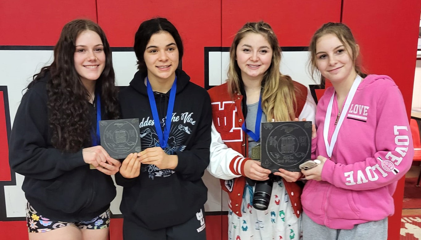 From left, Upper Lake's medal winners on Friday at the Coastal Mountain Conference Girls Wrestling Championships in St. Helena were (from left) Lexy Peregrina (first), Maddy Young (first), Tatum Salas (first) and Kahlei Phelps (third). (Courtesy photo)