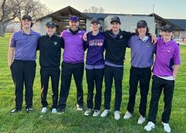 From left, Cooper Johnson, Blake Costlow coach Todd Williams, Dom Williams, Bodhi Moore, Jackson Conley and Zach Stout of the Middletown High School golf team celebrate their victory Thursday following a Coastal Mountain Conference South match at Hidden Valley Lake Golf Course. It was the South opener for Middletown, defending champion St. Helena, Technology and Kelseyville. (Courtesy photo)