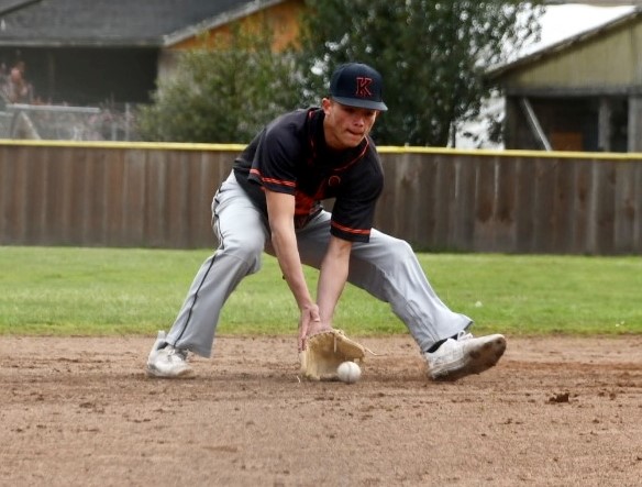 Kelseyville shortstop Kyle Watkins fields a grounder against Fort Bragg. Watkins had a hit and a RBI in the Knights' 9-2 league victory at Fort Bragg. (Photo courtesy of Marcy LeBoy)