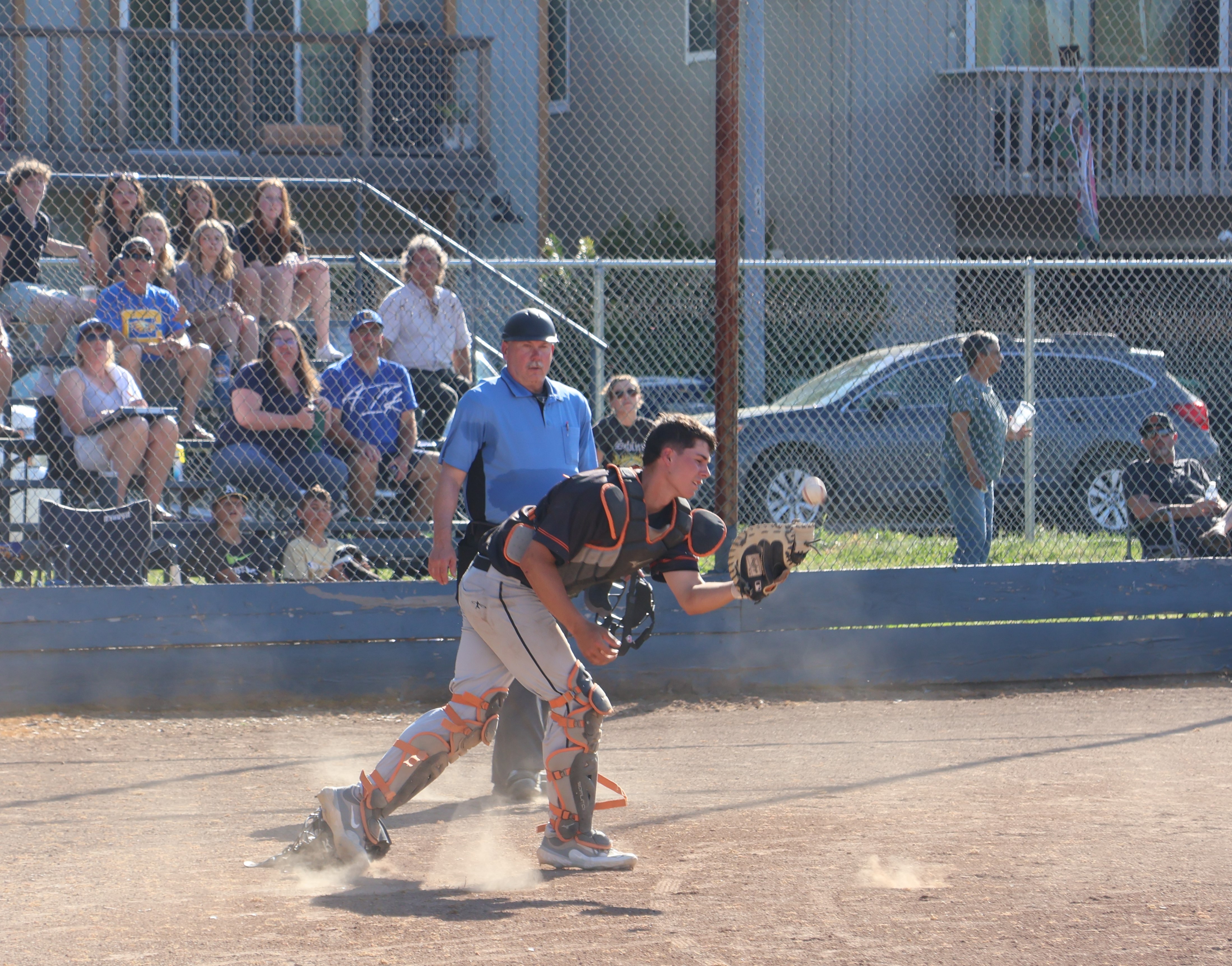 Kelseyville catcher Max Hommer had the ball pop out of his glove in foul territory during action Thursday afternoon in Cloverdale. (Photos by Brian Sumpter)