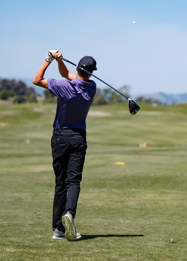 Middletown's Dom Williams drives the ball down the fairway Thursday afternoon at Chardonnay Golf Club in Napa. Williams carded a round of 81, second only to teammate Bodhi Moore's 79, as the Mustangs won their sixth straight Coastal Mountain Conference South match. (Photos courtesy of Geri Costlow)