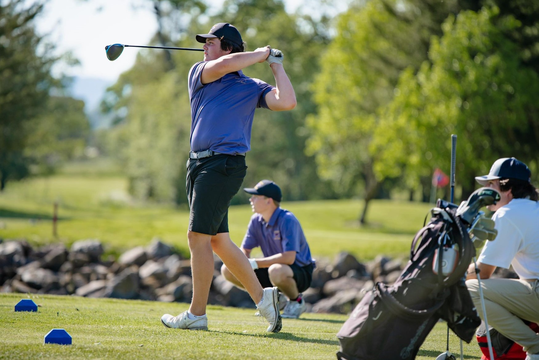 Middletown's Cooper Johnson tees off during Thursday's Coastal Mountain Conference South action at Windsor Golf Club. He led the field with a 5-over-par 77 that included two birdies. (Photos courtesy of Geri Costlow)