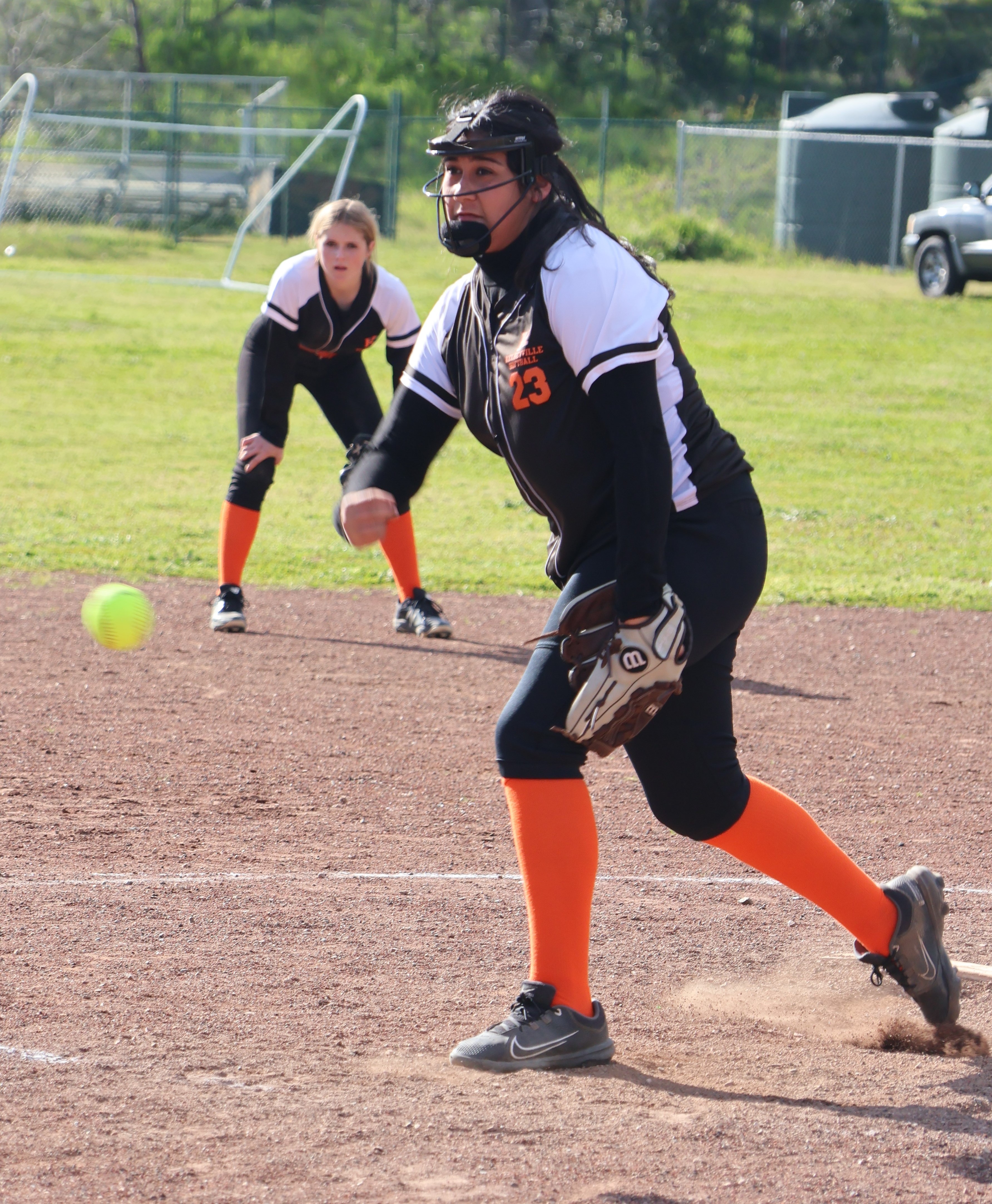 Mountain Vista pitcher Vanessa Reyes delivers one to the plate. She earned the win in a 14-6 victory over Konocti on Monday afternoon in Clearlake Oaks. (Photos by Brian Sumpter)