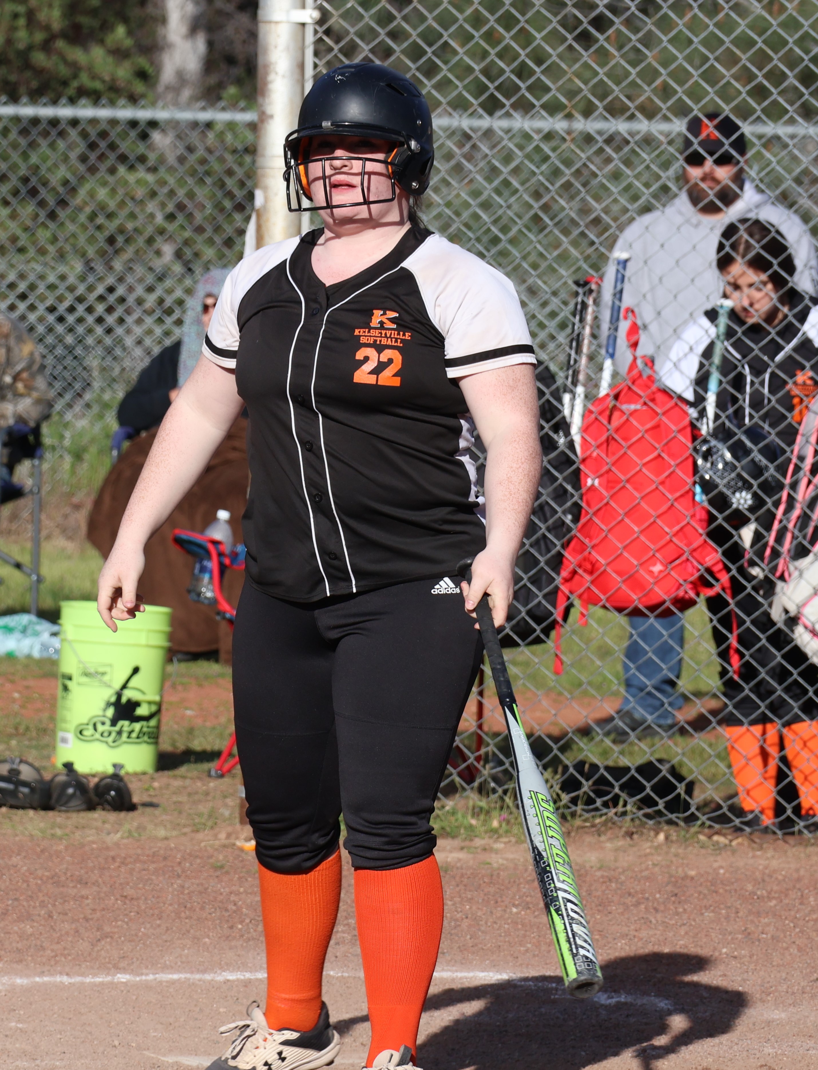 Mountain Vista's Gemma Lewis looks down to the third base coaching box to get the sign during one of her at-bats Monday afternoon. (Photos by Brian Sumpter)