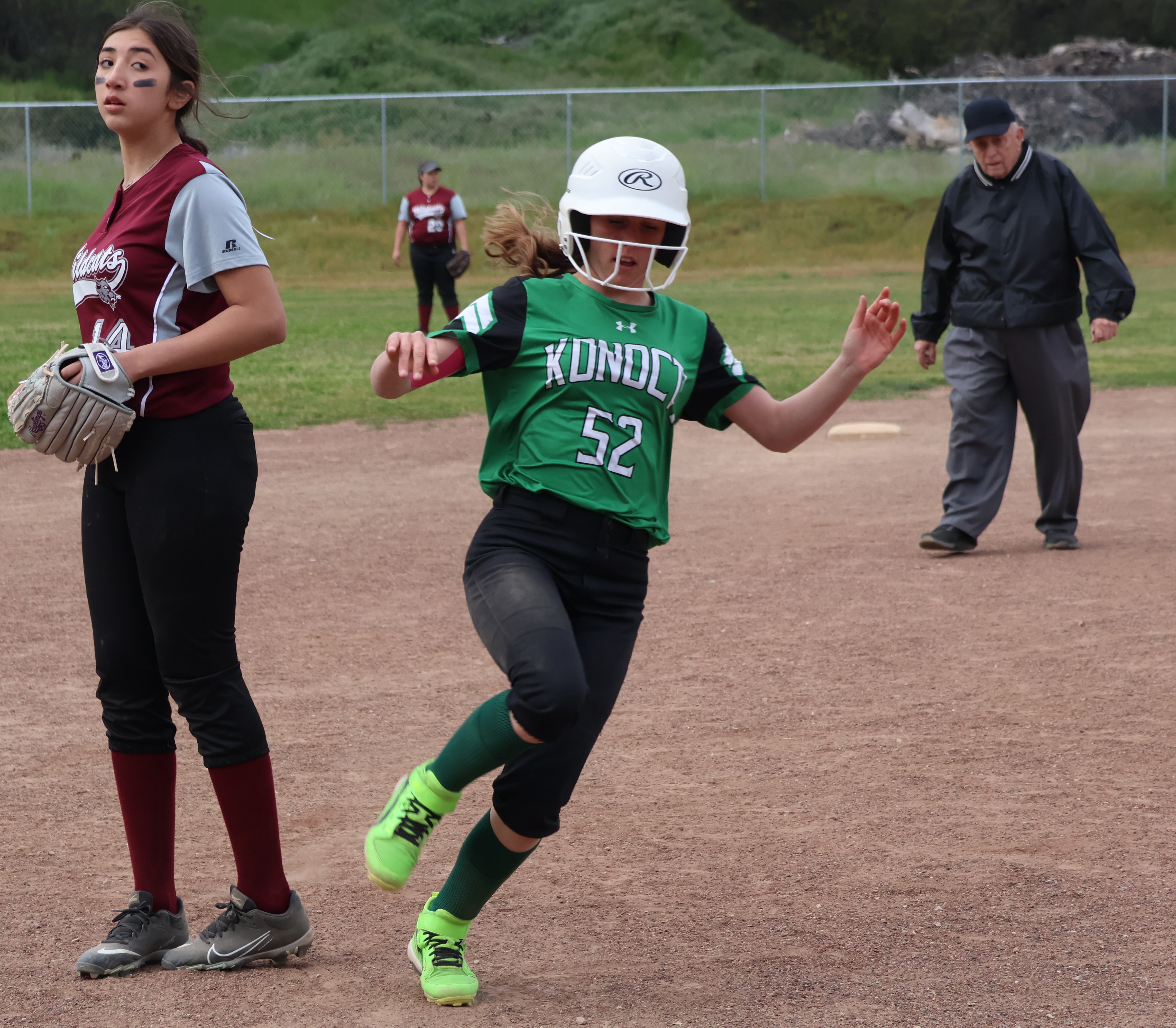 Konocti's Leanna Ortega prepares to round third base on her way home in the bottom of the fourth inning. Ortega's RBI double gave the Rams a 10-9 lead and an error on the play allowed Ortega to reach home and make it 11-9. (Photos by Brian Sumpter)
