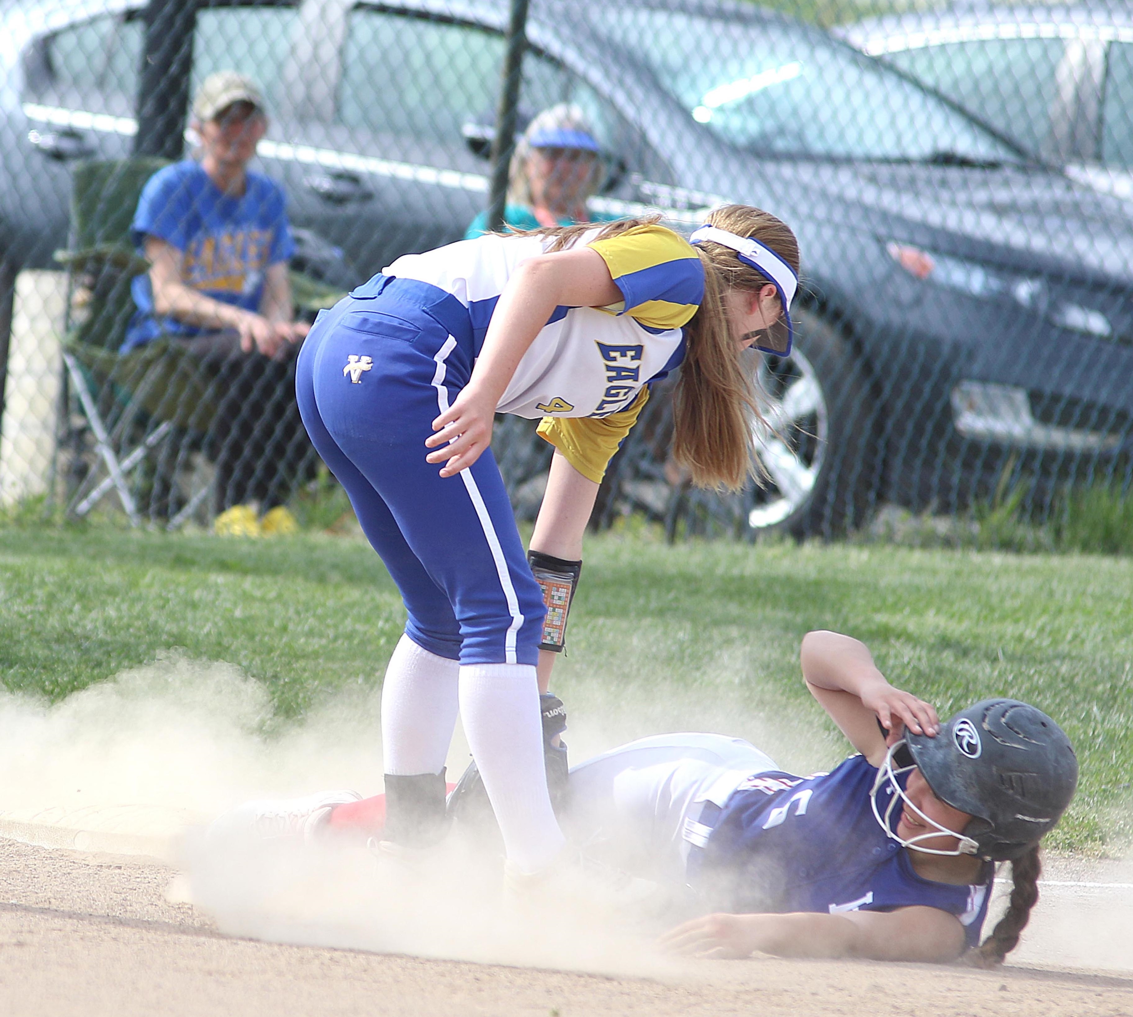 Lower Lake's Marriah Perez tried to stretch a double into a triple but was tagged out during a 13-2 loss to Cloverdale on Friday in Lower Lake. (Photos by Minenna Photography)