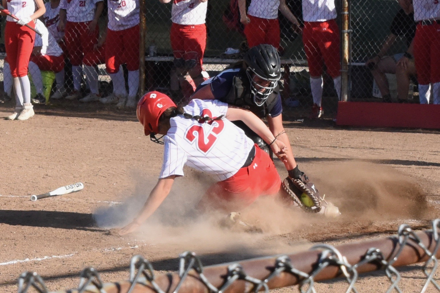 Upper Lake's Nathaly Velasco is tagged out at home plate in the bottom of the seventh inning. She was trying to score from second base on teammate Aimee Schaefers' bloop single into right field. (Photos courtesy of Trett Bishop)