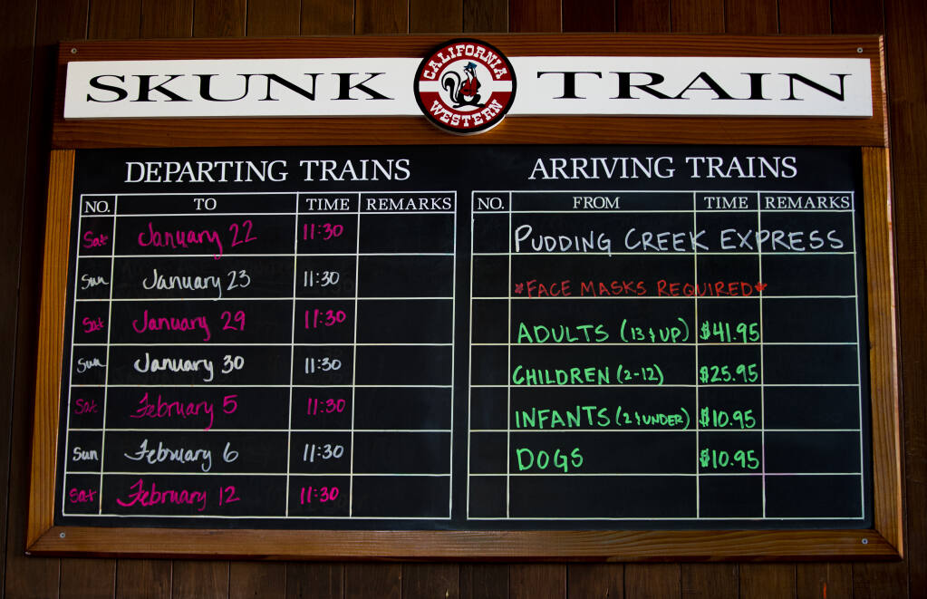 The Arrivals and Departures board at the ticket window in the Skunk Train depot in Fort Bragg.