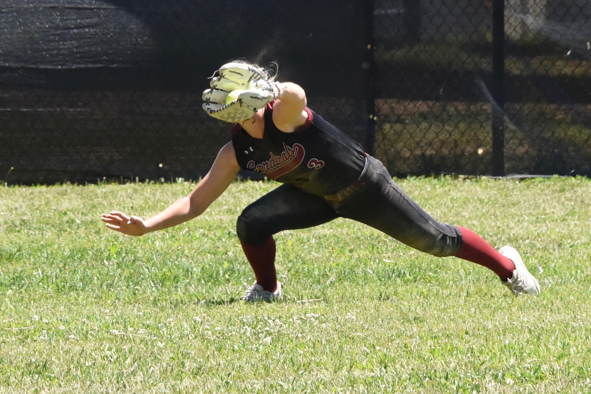Clear Lake center fielder Sierra Bruch makes a diving catch in the top of the fifth inning. She made another run-saving catch in the eighth inning to keep the score at 5-5. (Photos courtesy of Trett Bishop)
