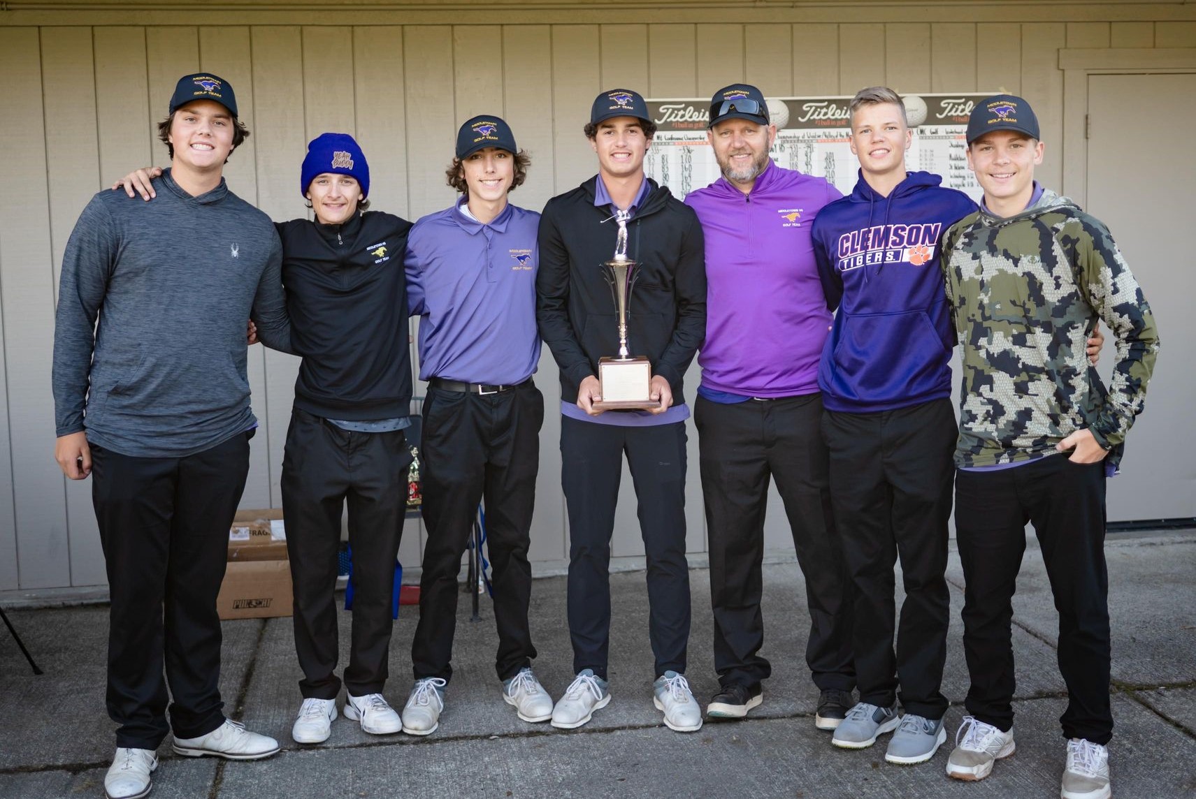 Middletown High School's championship golf squad in 2023 featured, from left, Cooper Johnson, Zach Stout, Jackson Conley, Bodhi Moore, head coach Todd Williams, Dom Williams and Blake Costlow. (Photo courtesy of Geri Costlow)