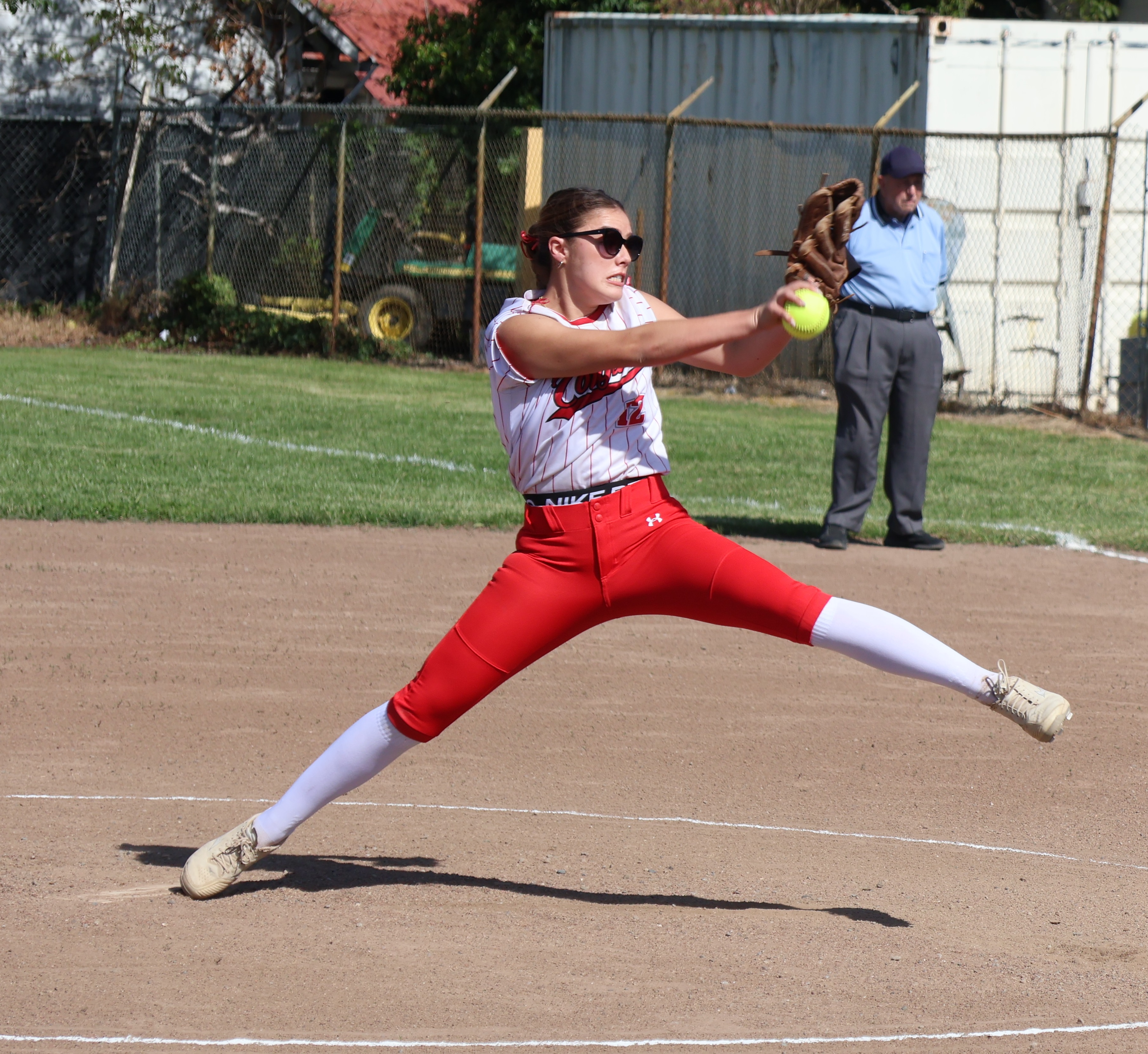 Nya Marcks pitched a complete-game two-hitter and struck out 11 in Upper Lake's 15-3 five-inning victory over the Calistoga Wildcats on Thursday afternoon in Upper Lake. The junior struck out the side three times. (Photos by Brian Sumpter)