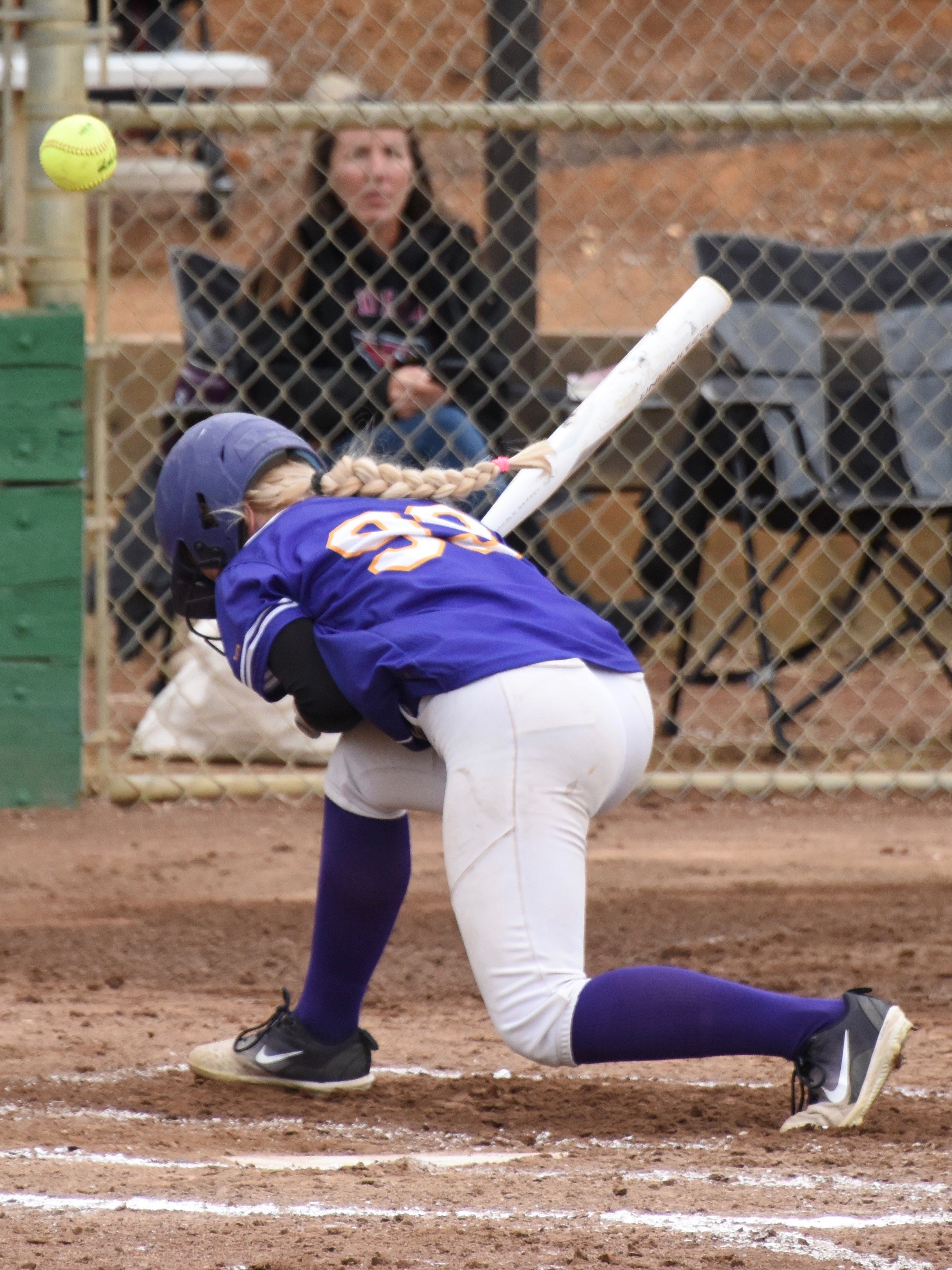 Middletown's Pailey Shook couldn't get out of the way of this Lilianna Cruz pitch. Shook was hit twice during the game. (Photos courtesy of Trett Bishop)