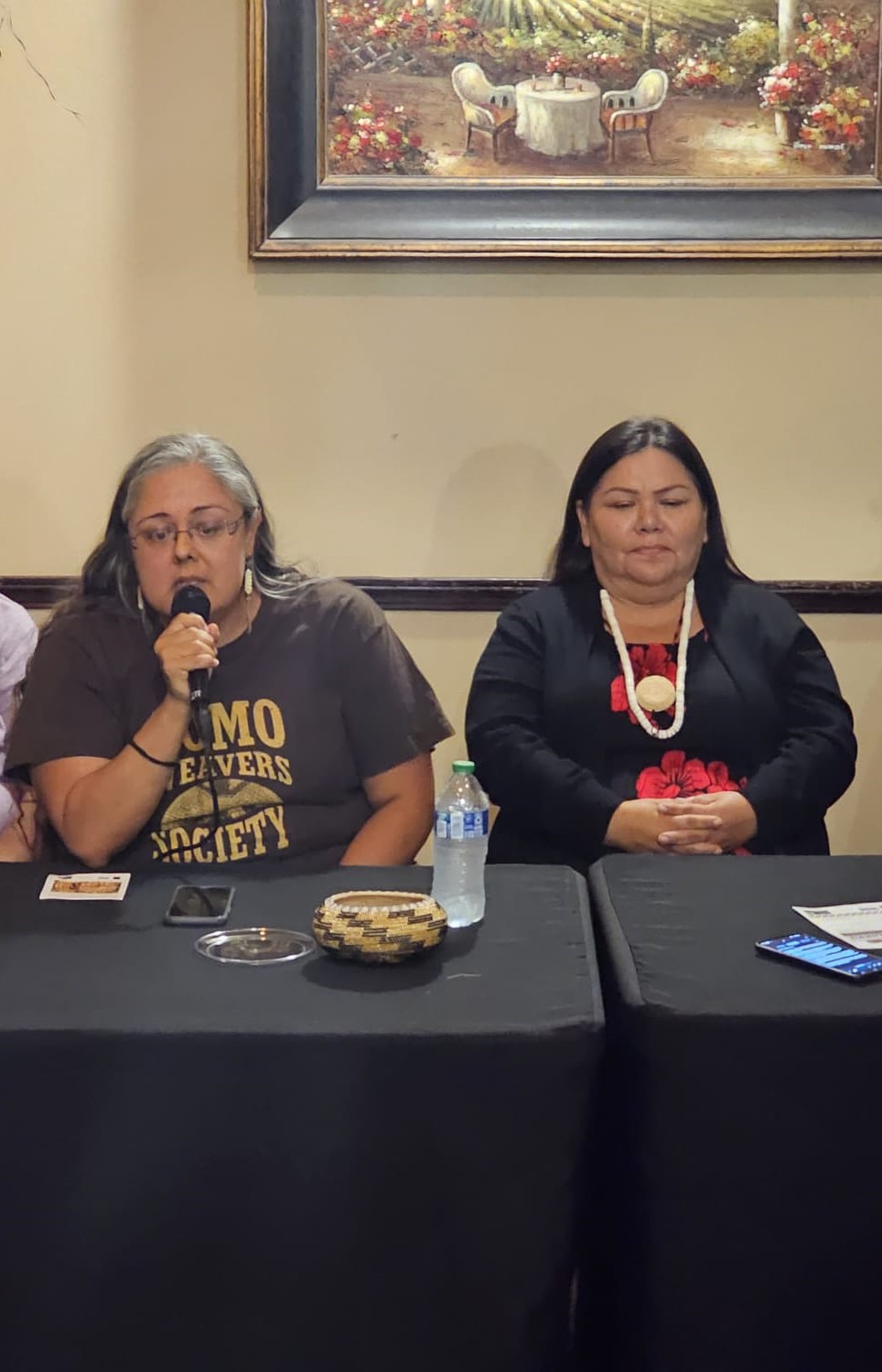 From left: Artists Corine Pearce and Patty Ray-Franklin invite the community to participate, be supportive and ask questions during the panel Saturday at Twin Pine Casino. (Renata Appel for the Record-Bee.)