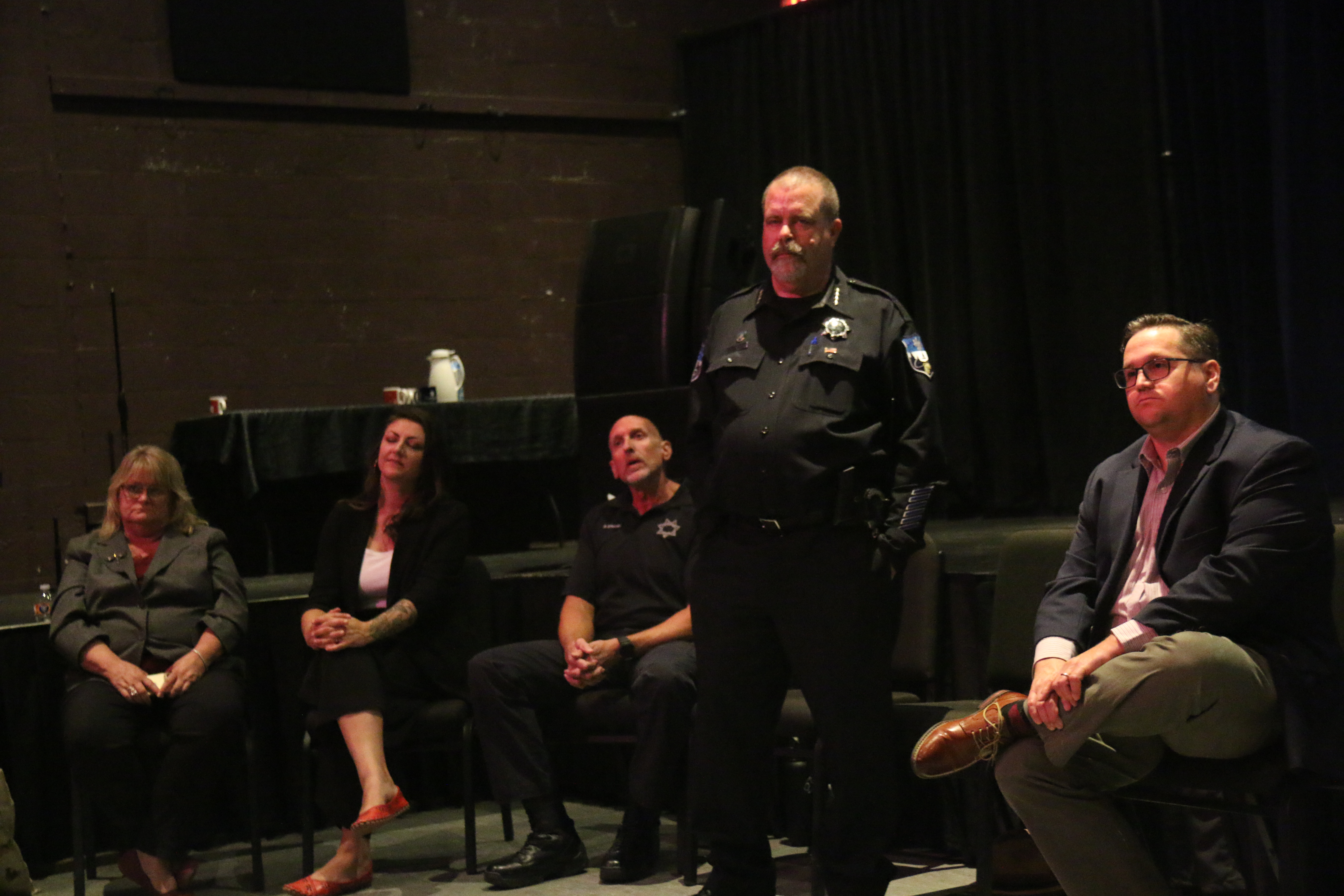 From left: Lisa Morrow ex.-dir., Lake Co. Family Resource Center, Elise Jones, Behavioral Health director, Police Chief Brad Rasmussen, and Lakeport City Mgr. Kevin Ingramrespond to audience questions regarding law abiding behavior in public spaces at Soper Reese Theater, Lakeport, fall of 2023. (William Roller, Lake County Publishing)