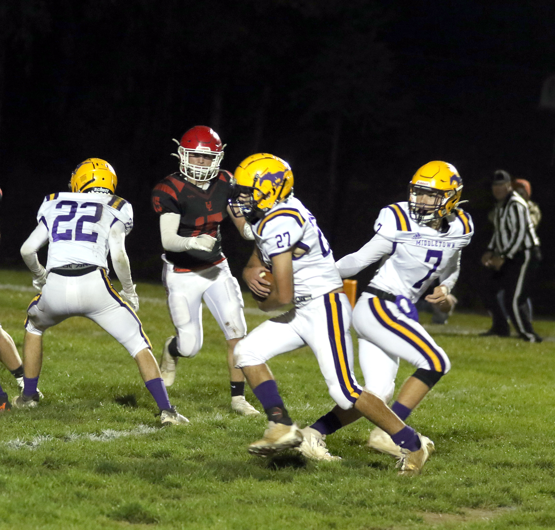 The Middletown Mustangs' varsity team in action against Upper Lake Friday, Nov.3, 2023. The NCL I co-champion Middletown (8-2), a Division 6 team, are moving on to the postseason. (Minenna Photography).