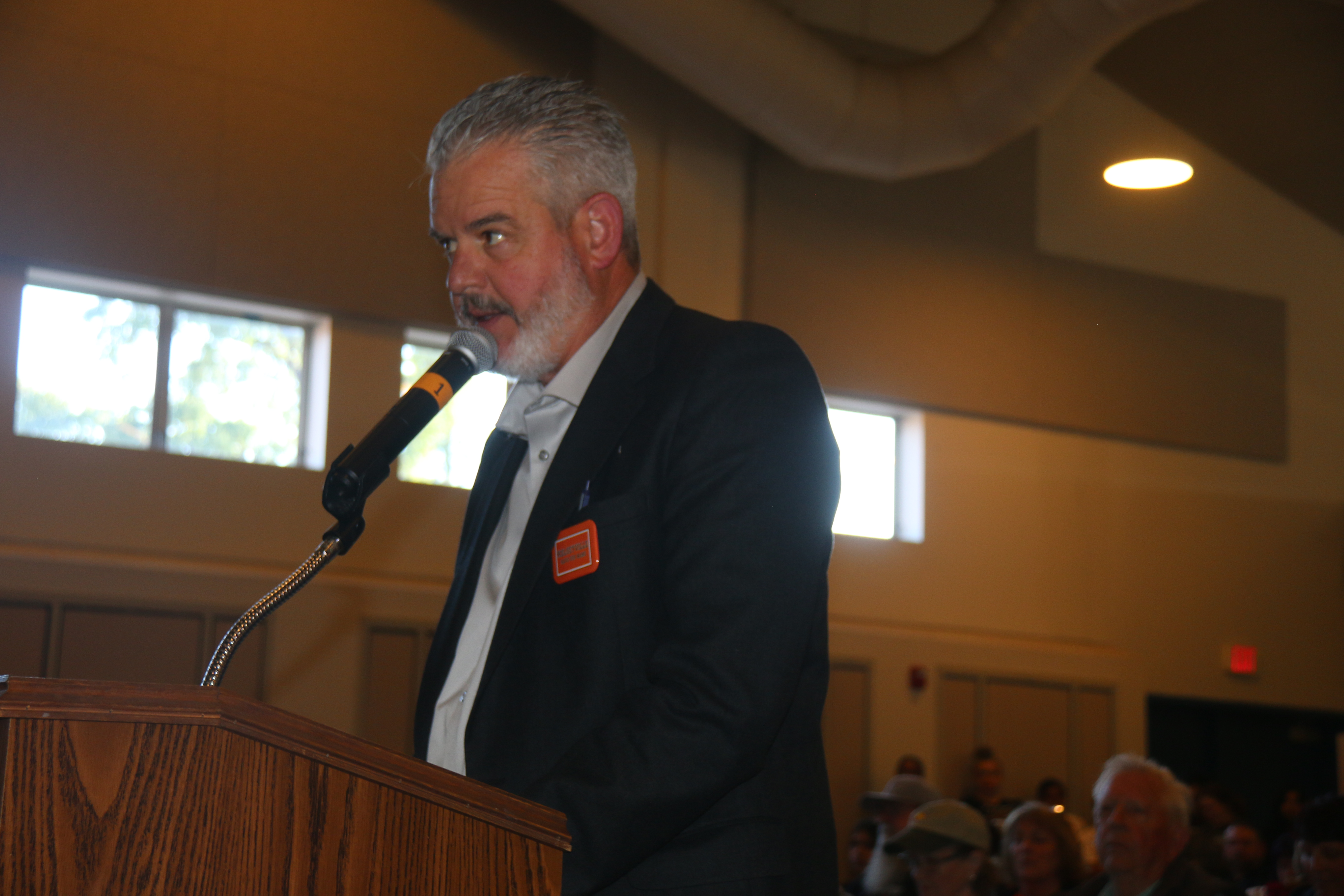 Mark Borghesani, owner of Kelseyville Lumber Co. recommended to take no action on Resolution 23/24-19 at a special meeting of the KVUSD, at the Tom Aiken Student Center, Kelseyville, May 7, 2024. (William Roller-Lake County Record Bee)