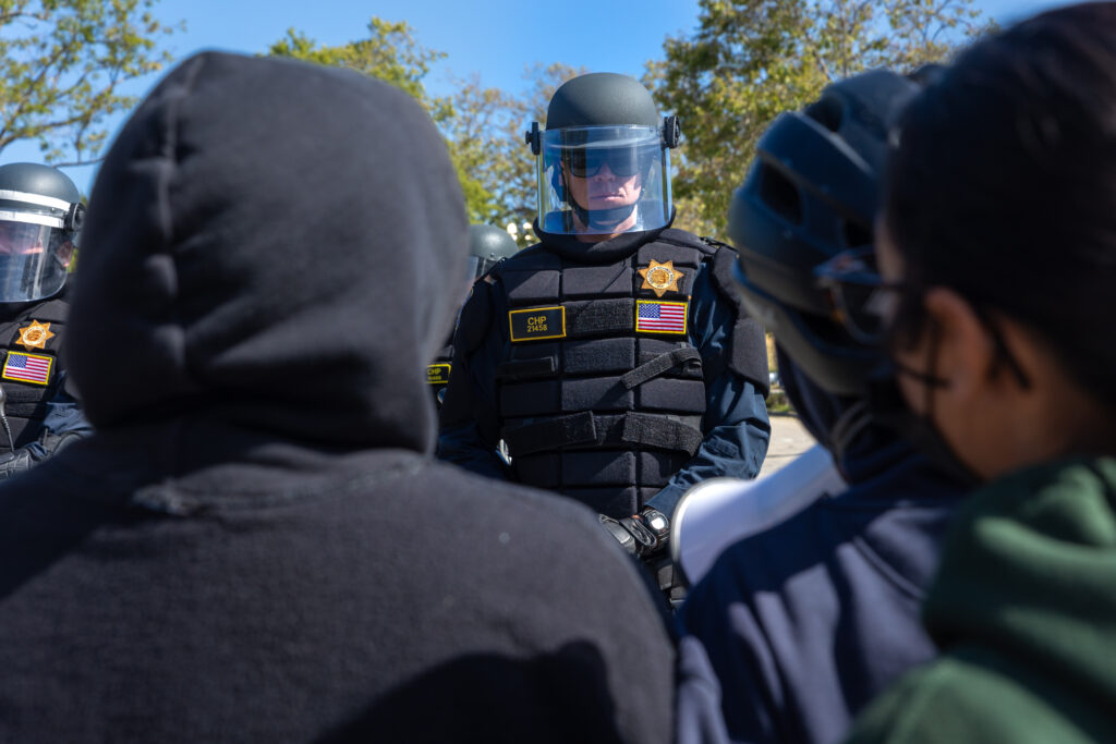Police and protesters faced off on May 31, 2024, at UC Santa Cruz. Credit: (Photo by Kevin Painchaud / Lookout Santa Cruz)