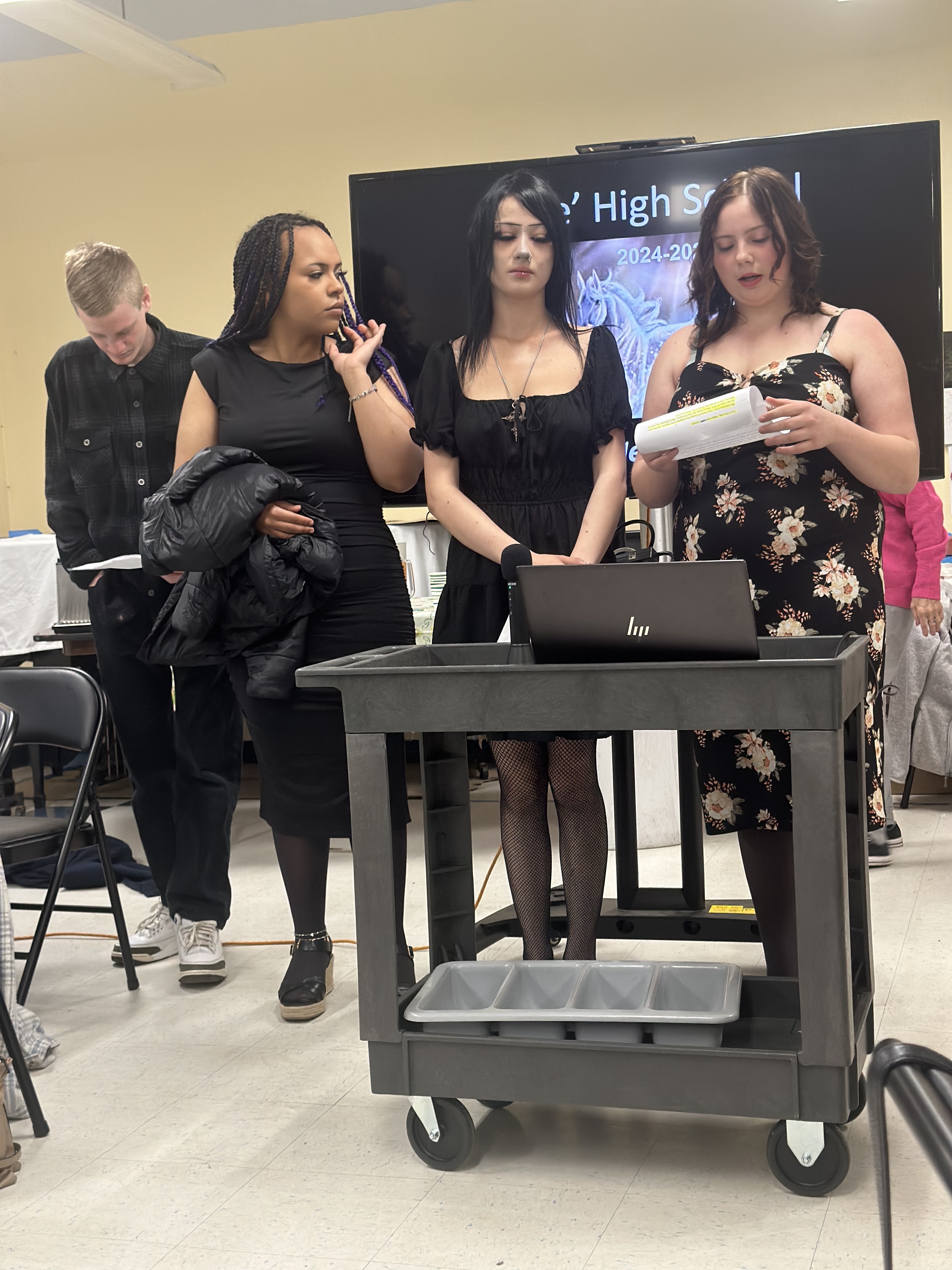 Carle High Students Saphera Edwards, Faith Roofener, Jazmin Lovely, and Dylan Neuharth presenting at the Judges Breakfast in Clearlake on Thursday. Photo by Nikki Carboni for the Record-bee.