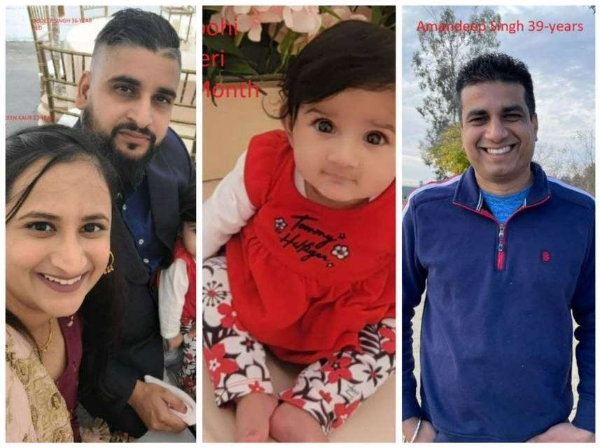 Missing are 8-month Aroohi Dheri, the child's mother, 27-year-old Jasleen Kaur, father Jasdeep Singh, 36, and uncle Amandeep Singh, 39, second from right.