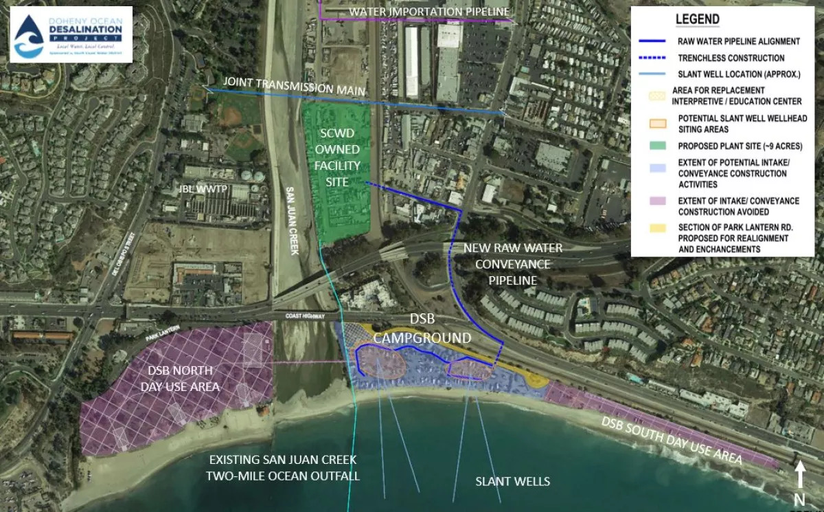 A site map for the proposed Doheny desalination plant in Dana Point shows how wells and pipelines will travel from the ocean to the South Coast Water District facility.