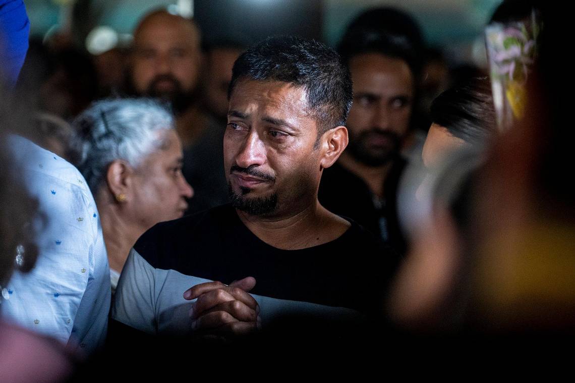 Sukhdeep Singh, a relative of kidnapping victims 8-month-old Aroohi Dheri, her parents Jasleen Kaur, 27, and Jasdeep Singh, 36, and her uncle Amandeep Singh, 39, speaks with community members at the conclusion of a vigil at Bob Hart Square in Merced, Calif., on Thursday, Oct. 6, 2022.