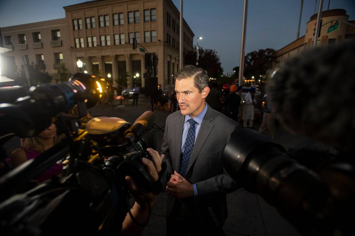 Merced Mayor Matthew Serratto speaks to media prior to a vigil for 8-month-old Aroohi Dheri, her parents Jasleen Kaur, 27, and Jasdeep Singh, 36, and her uncle Amandeep Singh, 39, at Bob Hart Square in Merced, Calif., on Thursday, Oct. 6, 2022.