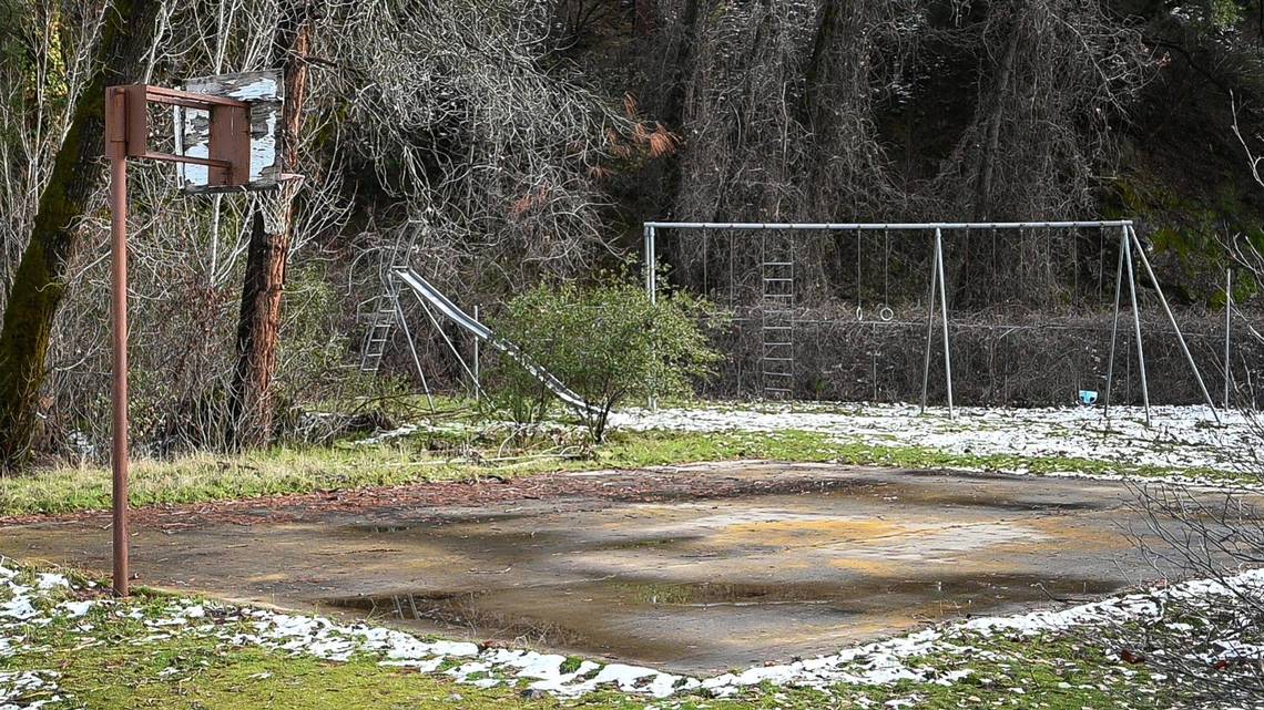 An old playground stands near the edge of the El Portal Trailer Park near Yosemite on Tuesday, Dec. 28, 2021. At one time, kids of employees were abundant in the trailer park. Only older residents remained when it was closed in 2022.
